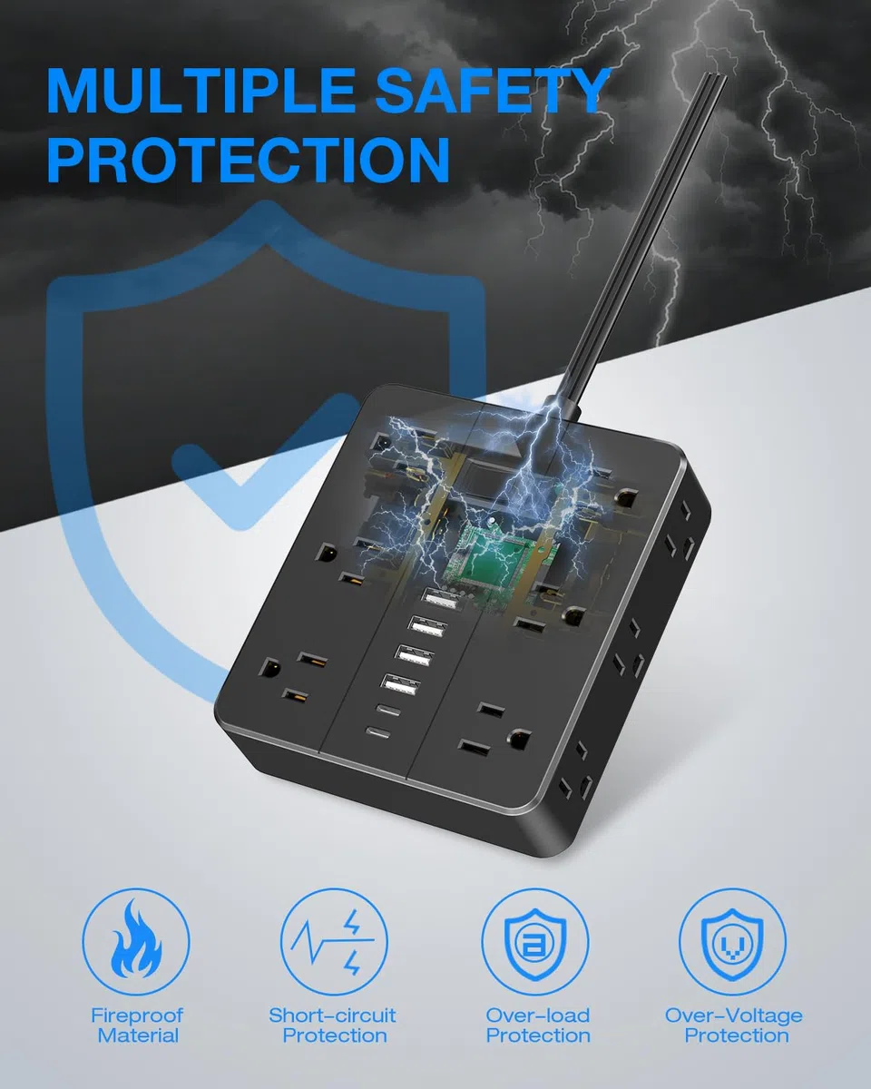 HUNIAN - Ochrona przeciwprzepięciowa z płaską wtyczką, przedłużacz 5 stóp z 12 rozstawionymi gniazdami wielokrotnymi, 6 ładowarkami USB (2 porty USB C), komputerowa stacja ładująca dla