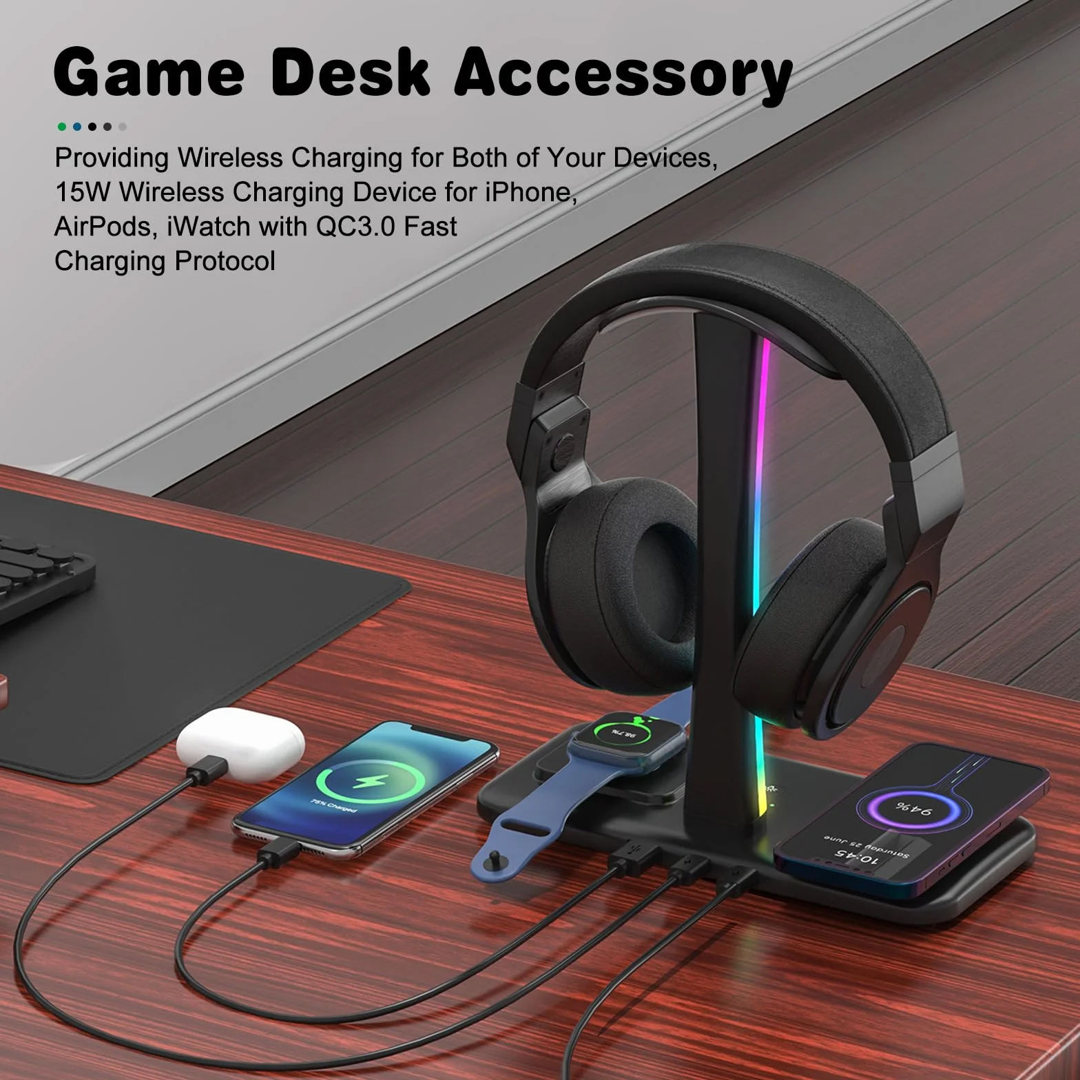 Stojak na Słuchawki 3 w 1 RGB Bezprzewodowe Ładowanie 7 Trybów Świietlnych 1 Port USB