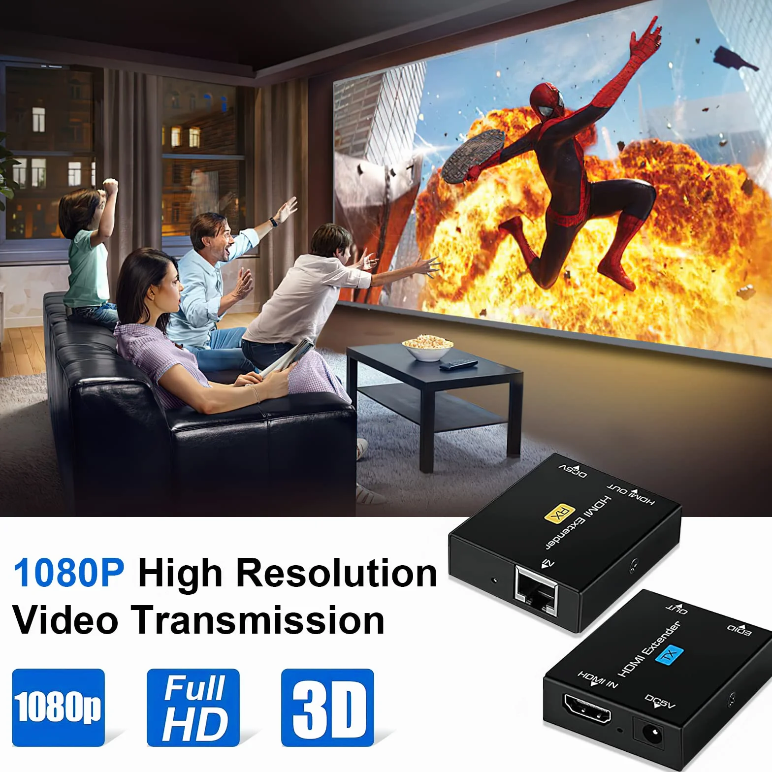 HDMI Extender 200ft Cat5e/6/7 Nadajnik Odbiornik 1080p 3D HDCP EDID POC