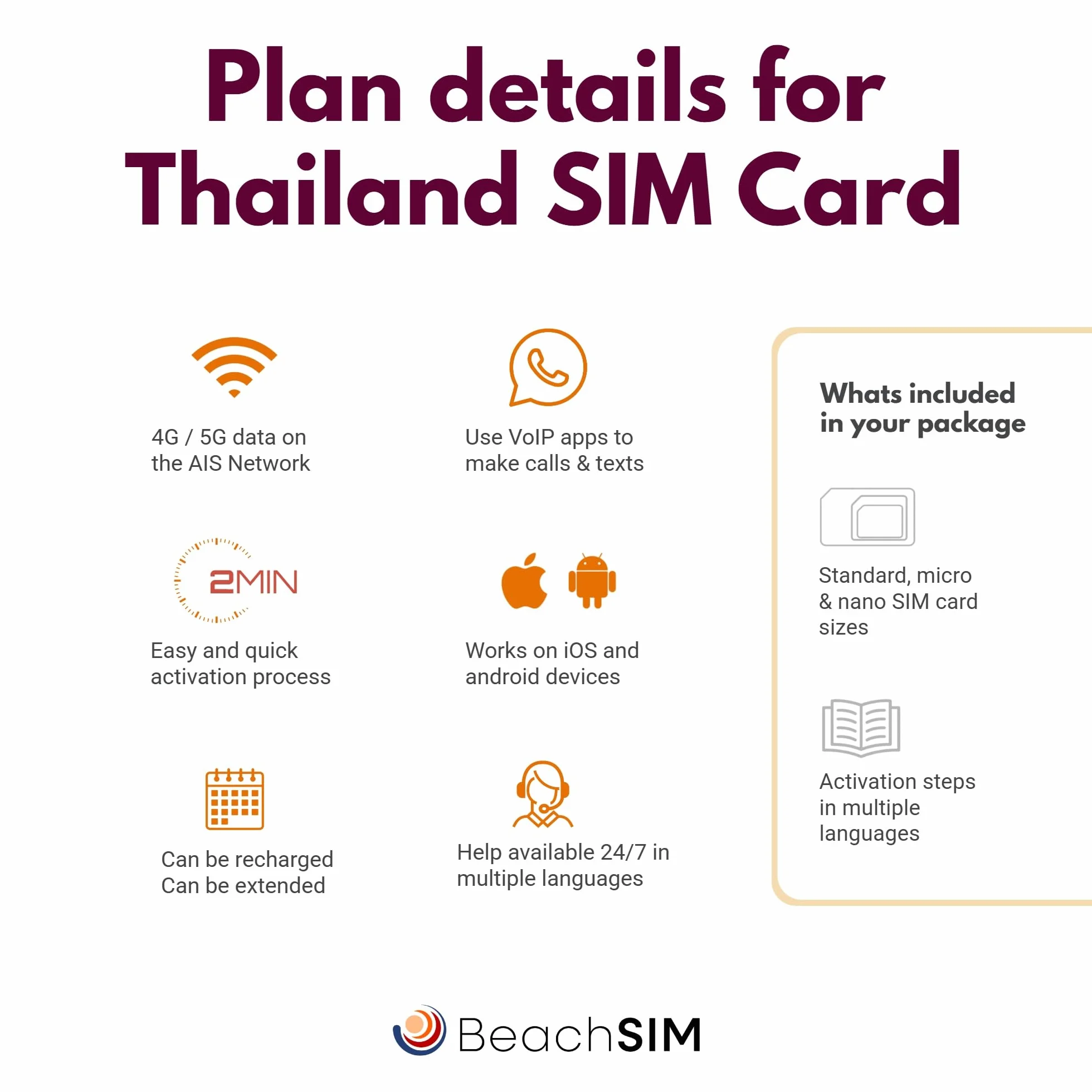 Karta SIM Thailand. 10 GB danych z prędkością 4G/5G. Tylko dane na kartę. Łatwe doładowywanie. Działa na urządzeniach z systemem iOS i Android. Ważna przez 30 dni.