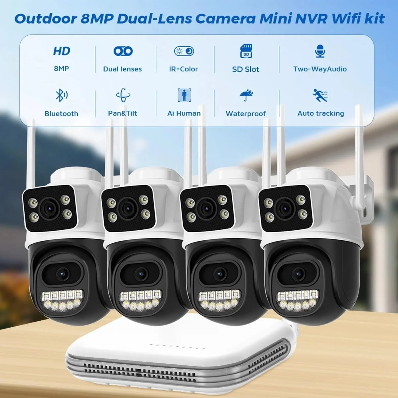 Kamera IP 8MP z dźwiękiem WiFi, zewnętrzna, 8-kanałowa, mini kamera NVR, zestaw do monitoringu CCTV, bezprzewodowy system kamer noktowizorem na podczerwień,Spokój ducha zawsze(None,8pcs)