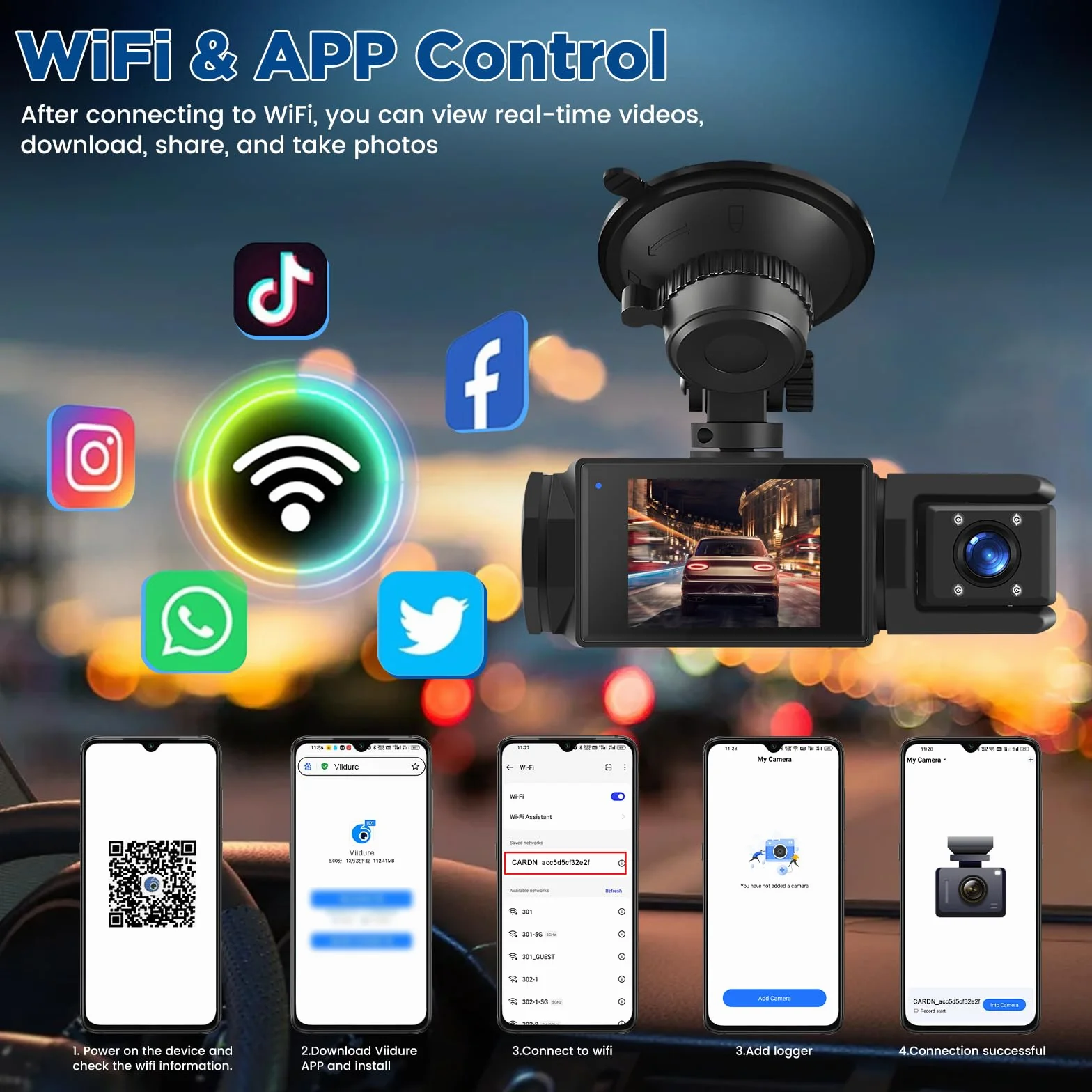 Bezprzewodowa kamera samochodowa Dash Cam WiFi – 3 kanały wewnętrzne z tyłu, Full HD 1080P, 2" IPS, noktowizor, wykrywanie ruchu, pętla, karta 64 GB w zestawie, obiektyw obrotowy