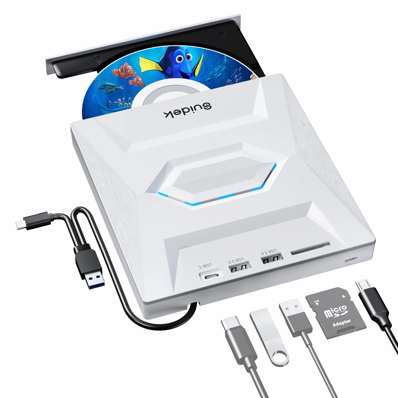 SUIDEK Zewnętrzny napęd CD DVD do laptopa, 5 w 1, ultra cienki, przenośny, USB-C CD+/-RW, odtwarzacz DVD do laptopa z czytnikiem kart SD, koncentrator USB 3.0 typu C, do komputerów stacjonarnych