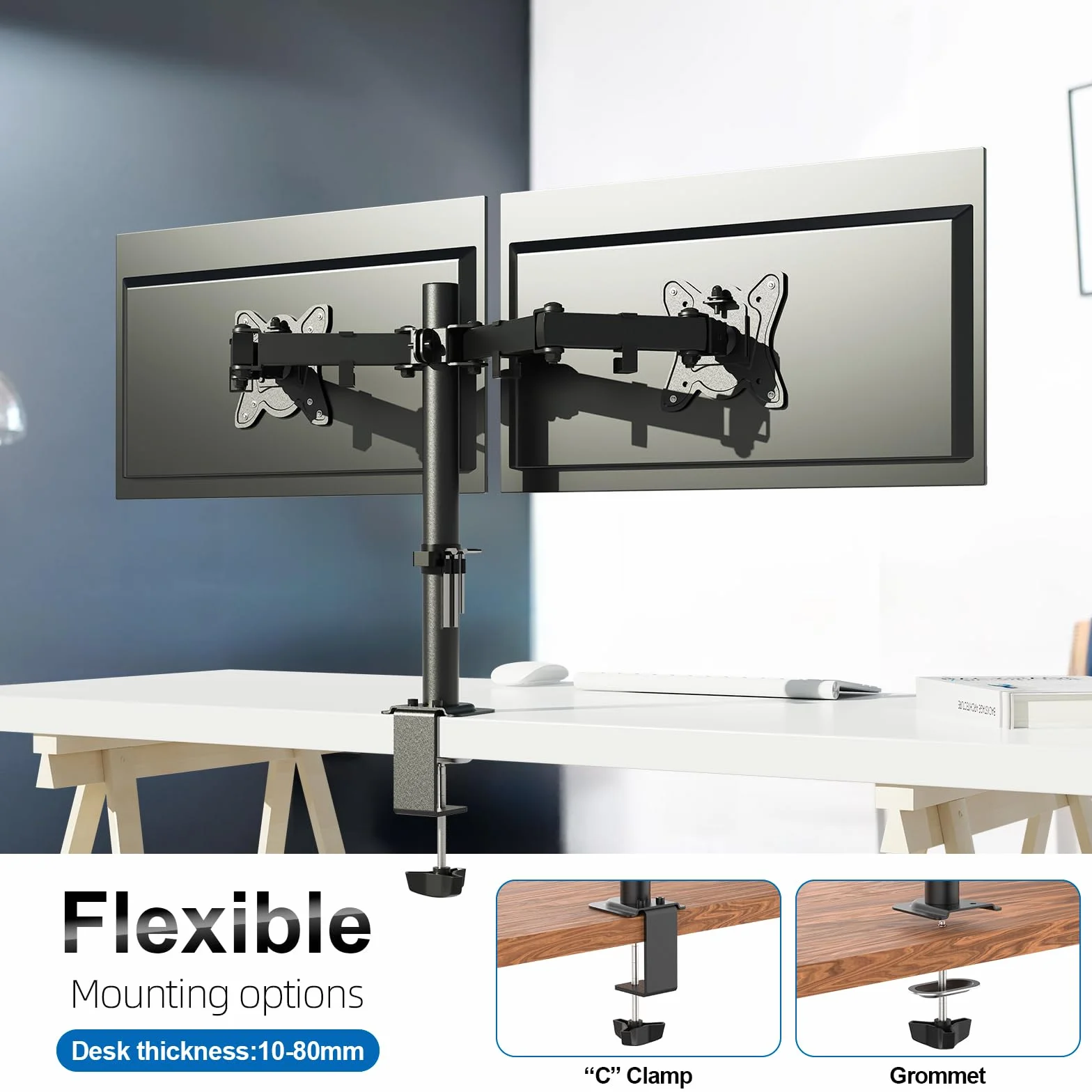 GRIFEMA GB2001A-2 Uchwyt na Podwójny Monitor 13-27” LED/LCD, Ramię do Dwóch Monitorów z Regulacją, Udźwig do 10KG na Każde Ramię, VESA 75/100mm, Czarny