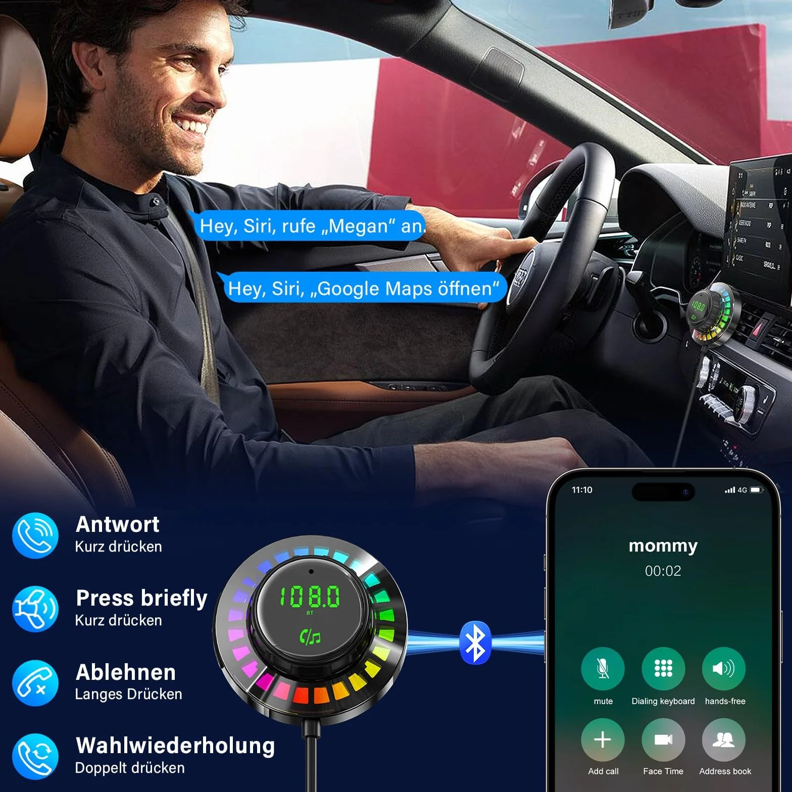 Adapter Bluetooth samochodowy FM z RGB, zestaw głośnomówiący Bluetooth 5.3, PD30W USB-C QC3.0, ładowarka samochodowa do iPhone Android