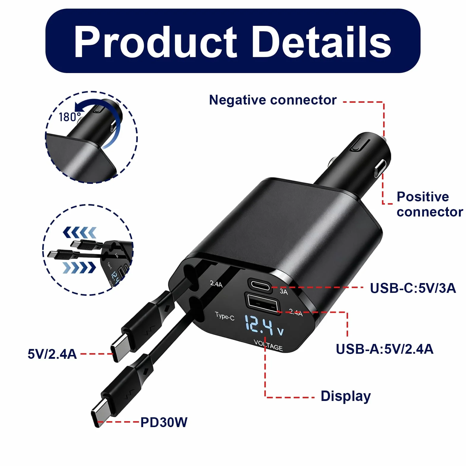 4 w 1 gniazdo zapalniczki samochodowej USB-C, adapter z PD 30W/20W i portem USB-A/C, chowana ładowarka do samochodów ciężarowych