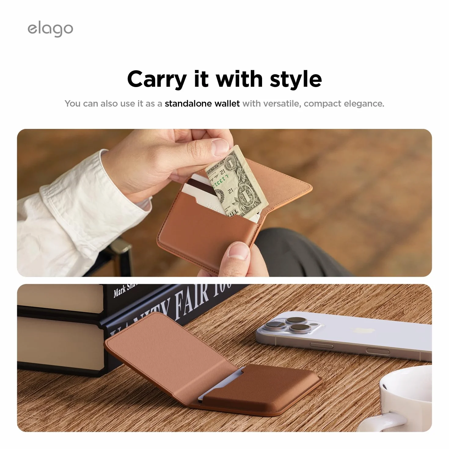 elago Magnetyczny Portfel ze Skóry Wegańskiej, Etui na Karty (3 Karty) Kompatybilny z MagSafe – Bezpieczny Portfel na Telefon, Ochrona przed Zarysowaniami i Uszkodzeniami (Brązowy)