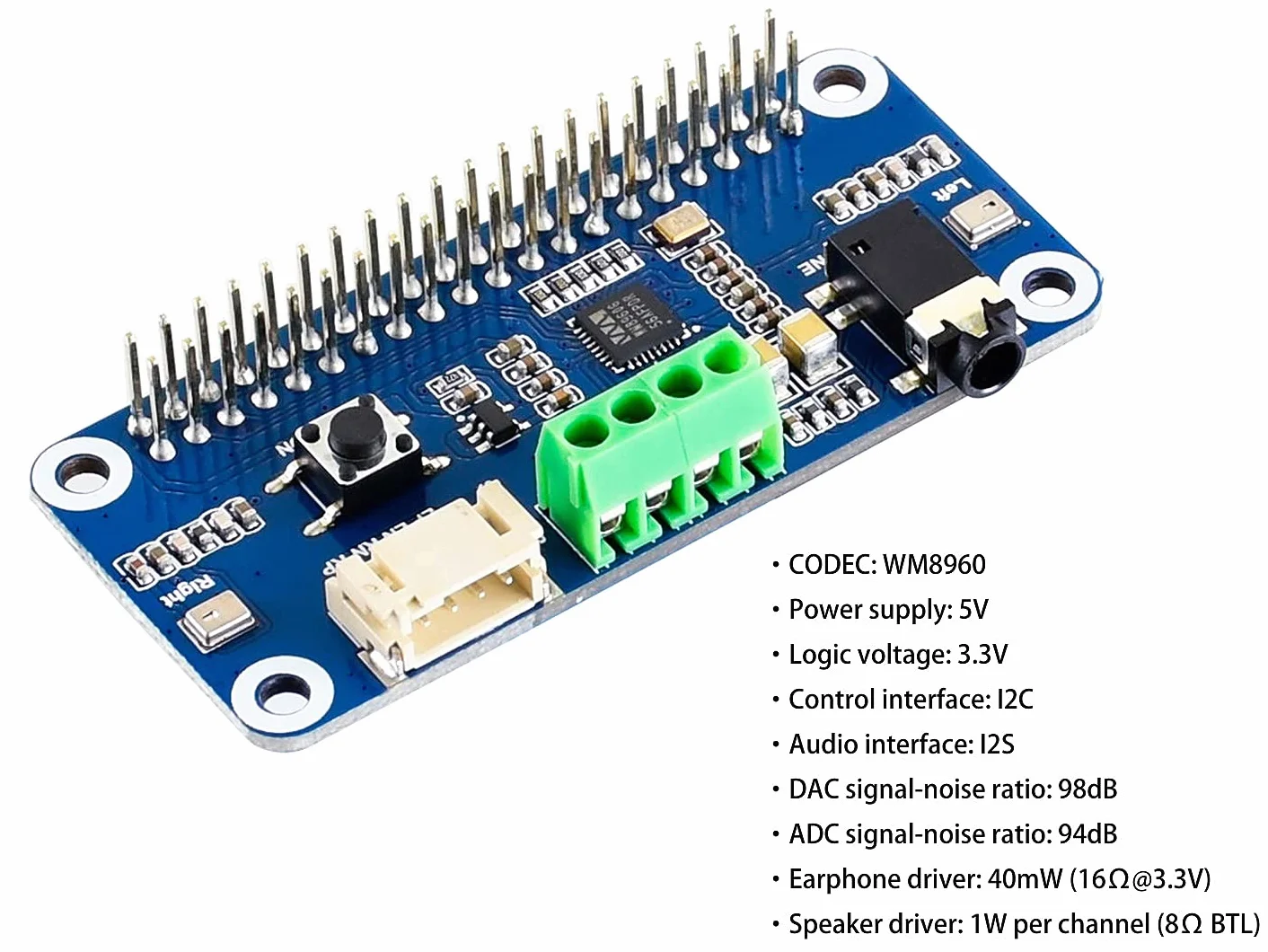 WM8960 czapka z kartą dźwiękową Hi-Fi do Raspberry Pi 5, 4B, 3B+, Zero 2W, Zero W, Zero WH