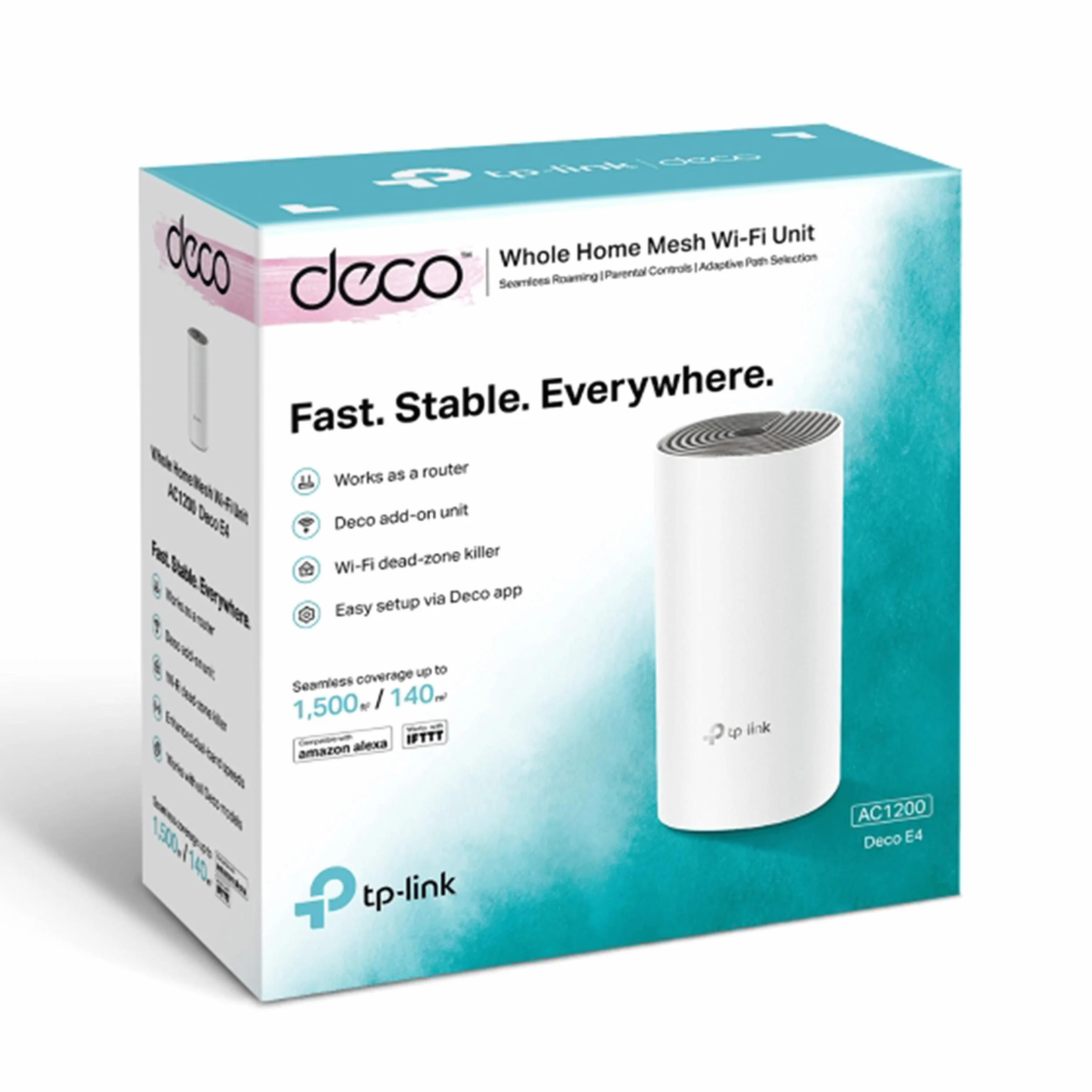 TP-Link Deco E4 (1-Pack), System Mesh WiFi AC1200, Dwuzakresowy 2.4GHz/5GHz, 2 porty 10/100 Mb/s, MU-MIMO, Kontrola rodzicielska, Aplikacja Deco, Kompatybilny z Alexa, Kolor: Biały
