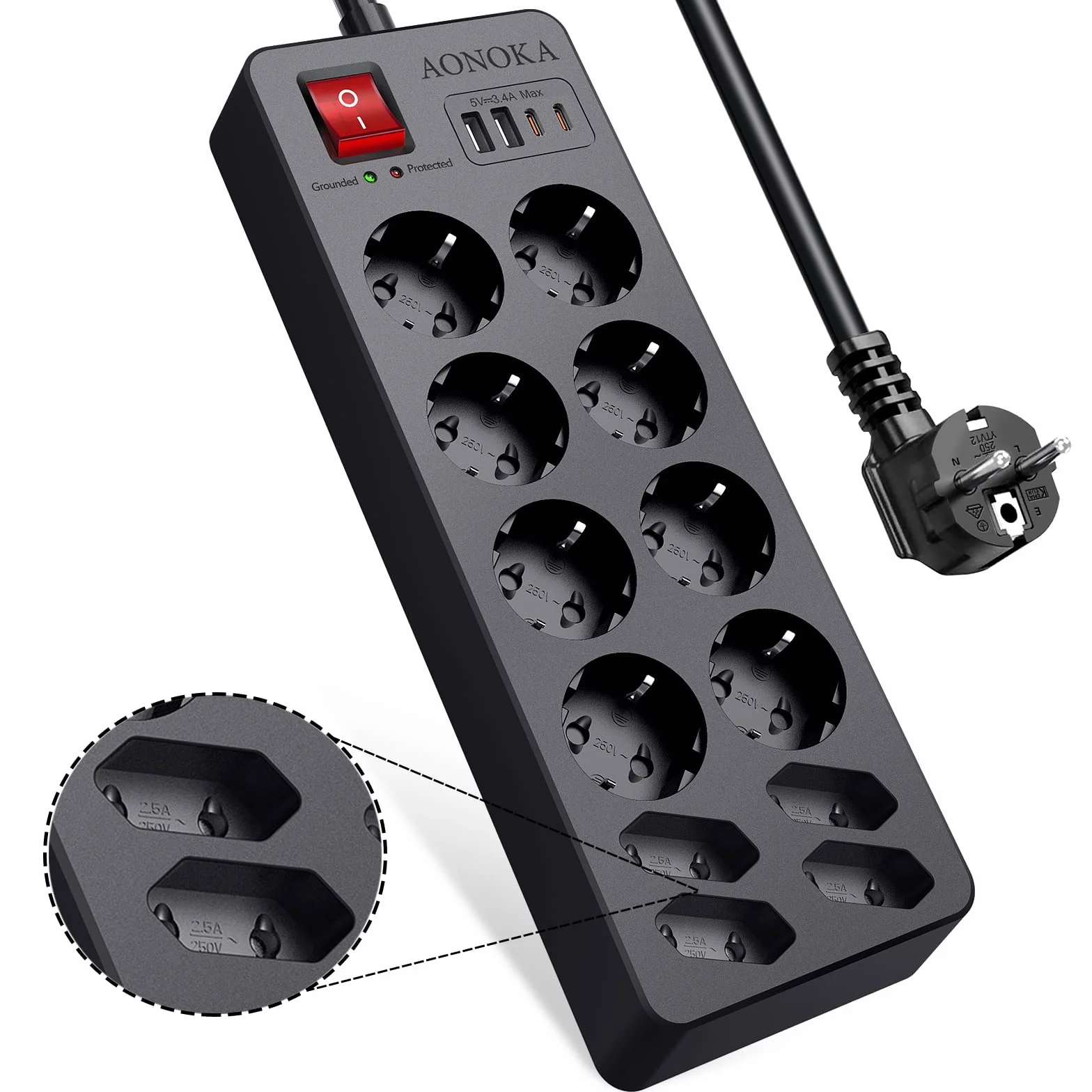 Listwa Zasilająca Przeciwprzepięciowa, Listwa z 12 Gniazdami i 2 USB-C 2 USB-A, Gniazdo Rozdzielacza z Przełącznikiem, Przedłużacz Wielowtykowy Montażu na ścianie Kabel 1.5m, Czarna