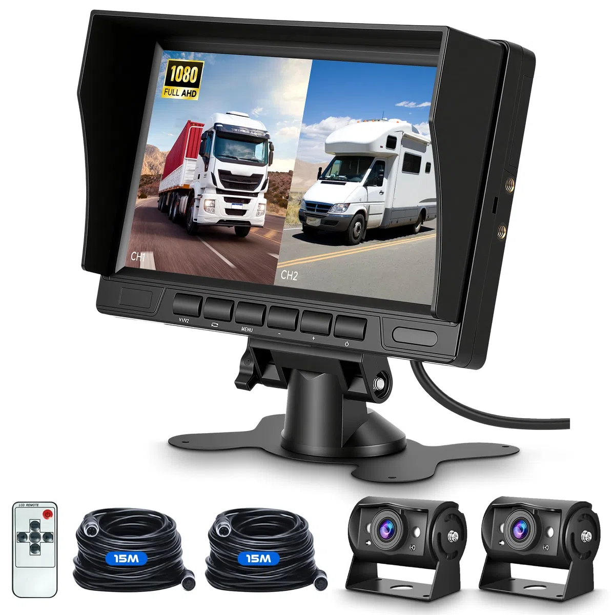 Hodozzy Kamera cofania, zestaw 2 kamer z monitorem IPS 1080p, 7", widoczność w nocy, IP69, wodoszczelna podwójna kamera cofania, kabel 12 V, 24 V, stabilny sygnał, kamera cofania do samochodu