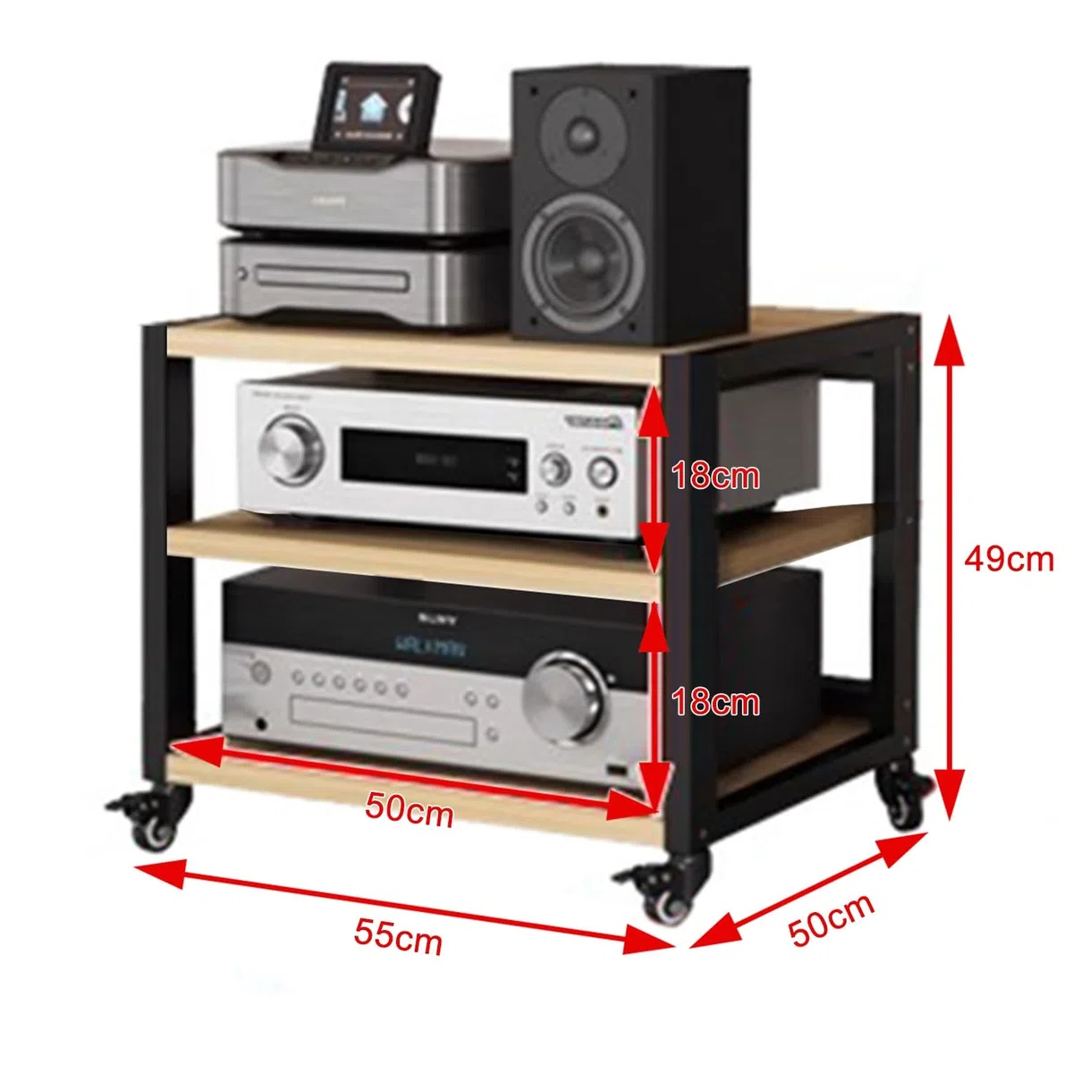 Stojak na sprzęt audio 2/3/4/5-poziomowy z kółkami, wytrzymały stojak na sprzęt audiowizualny, wzmacniacz HiFi, przechowywanie w domu gramofonu, sprzętu audio/wideo (czarny i brązowy, dł. 55 x sz
