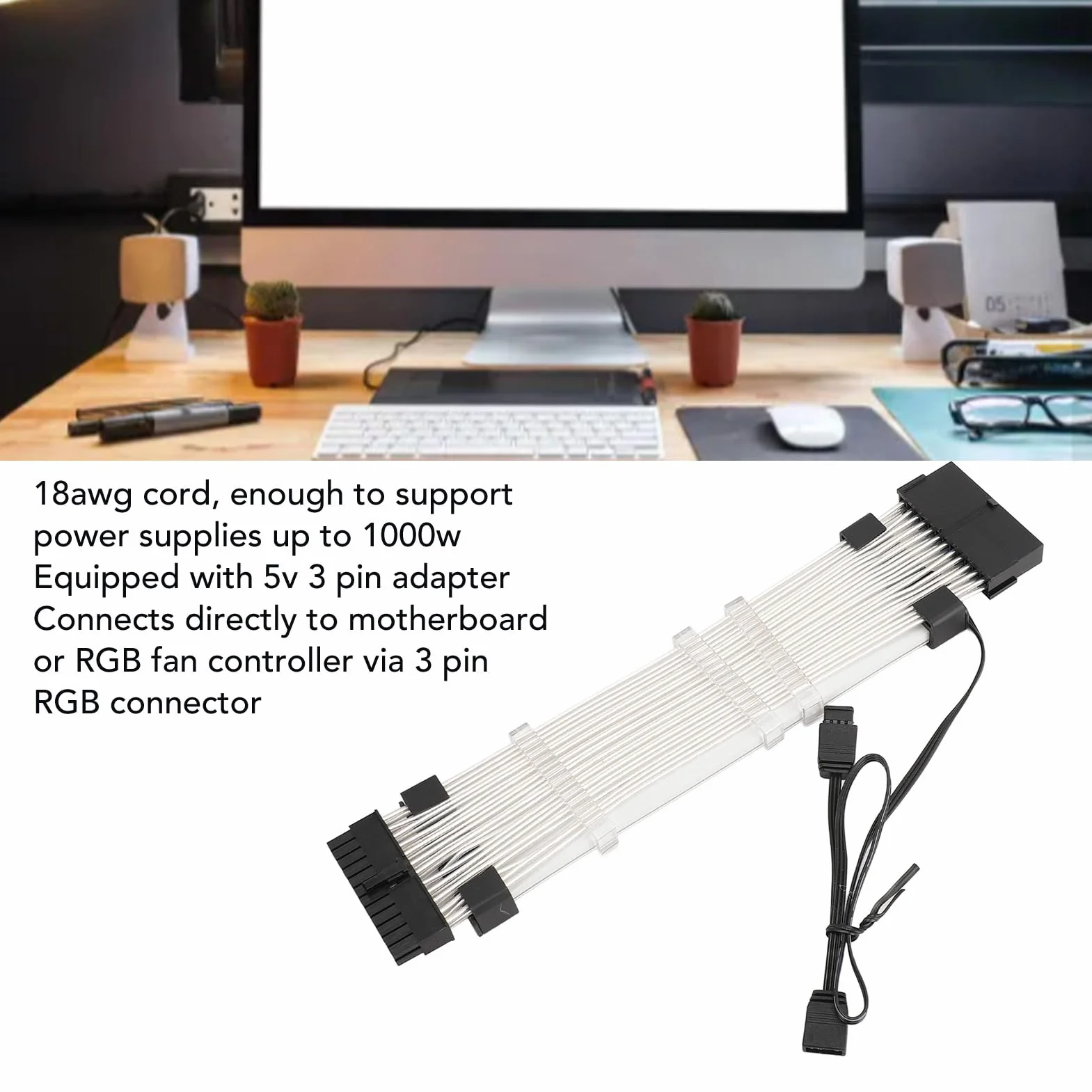 Kabel Przedłużający Zasilacza RGB ATX ARGB 24-pin 18AWG 5V 9,5 Cala