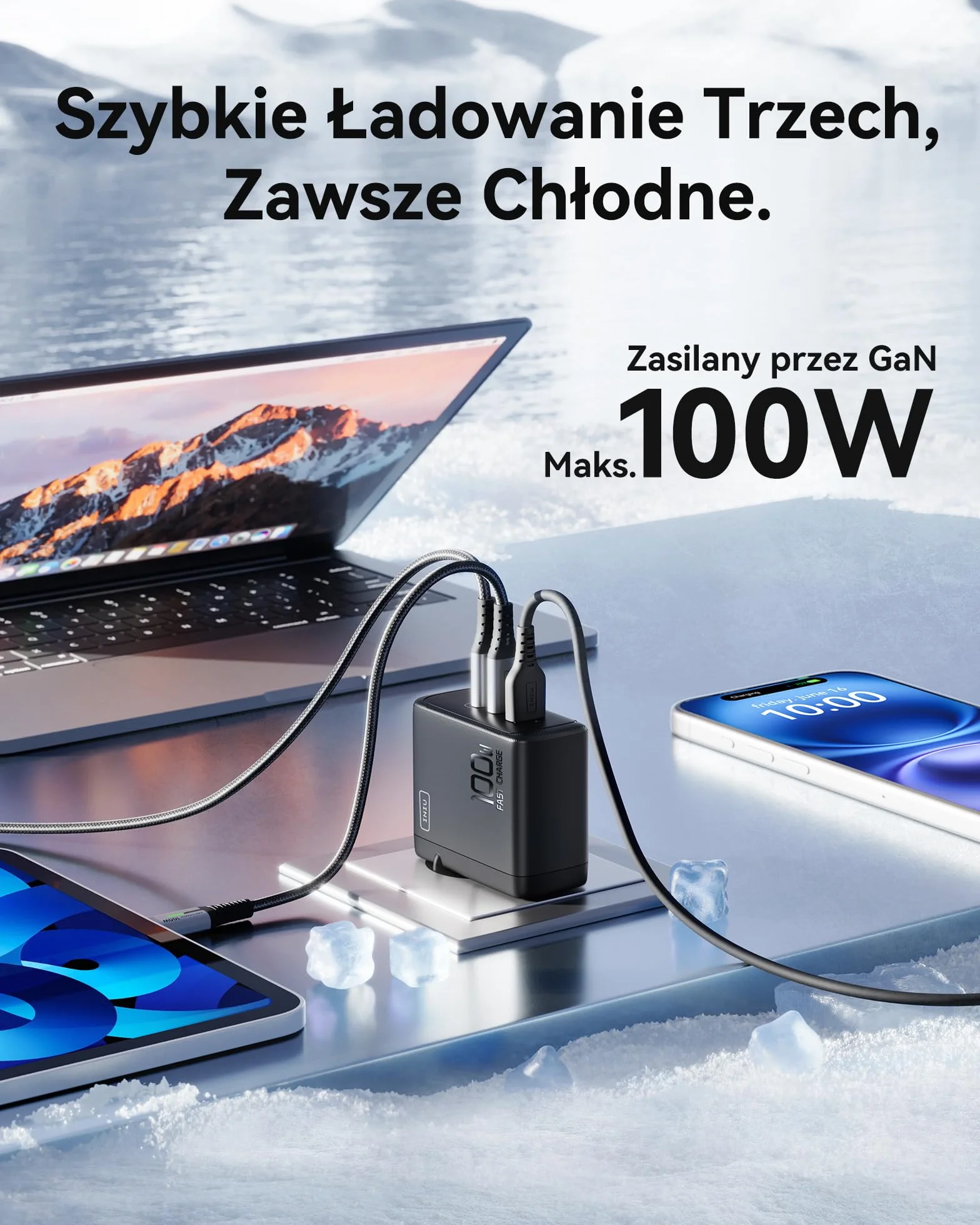 INIU Ładowarka USB C 100W, Kompaktowa 3-portowa 2 Typ C & USB A do Samsung Galaxy S25 S24 Ultra iPhone 17 16 15 Pro Max Xiaomi iPad MacBook