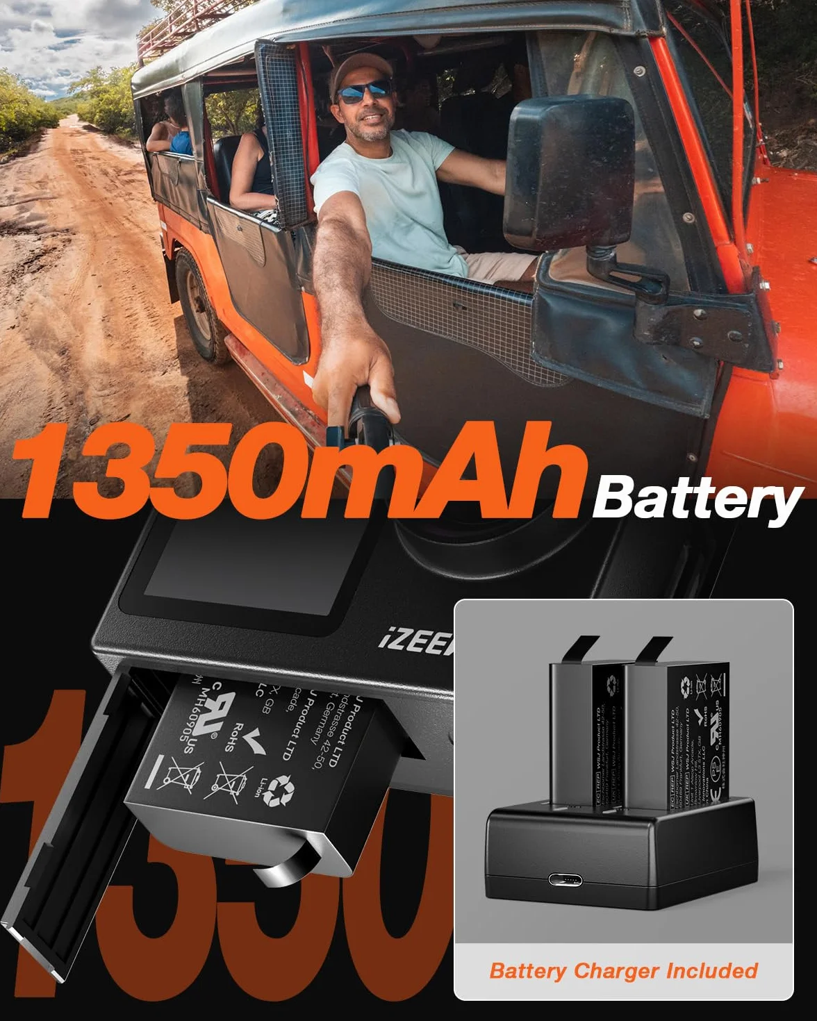 iZEEKER Action Cam 4K, 24MP HD Fotocamera Subacquea Impermeabile 40M Telecamera per Casco con Doppio Schermo, Microfono Esterno, Telecomando 2.4G, Batteria 2x1350mhA