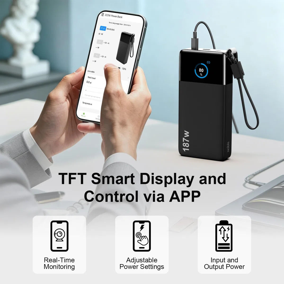 NOBIS Power Bank 187W 25000mAh Przenośna Ładowarka Z Dołączonym Kable USB-C | Szybkie zewnętrzne akumulatory z wyświetlaczem cyfrowym, Sterowaniem Aplikacją, dla iPhone, MacBook, Samsung Galaxy