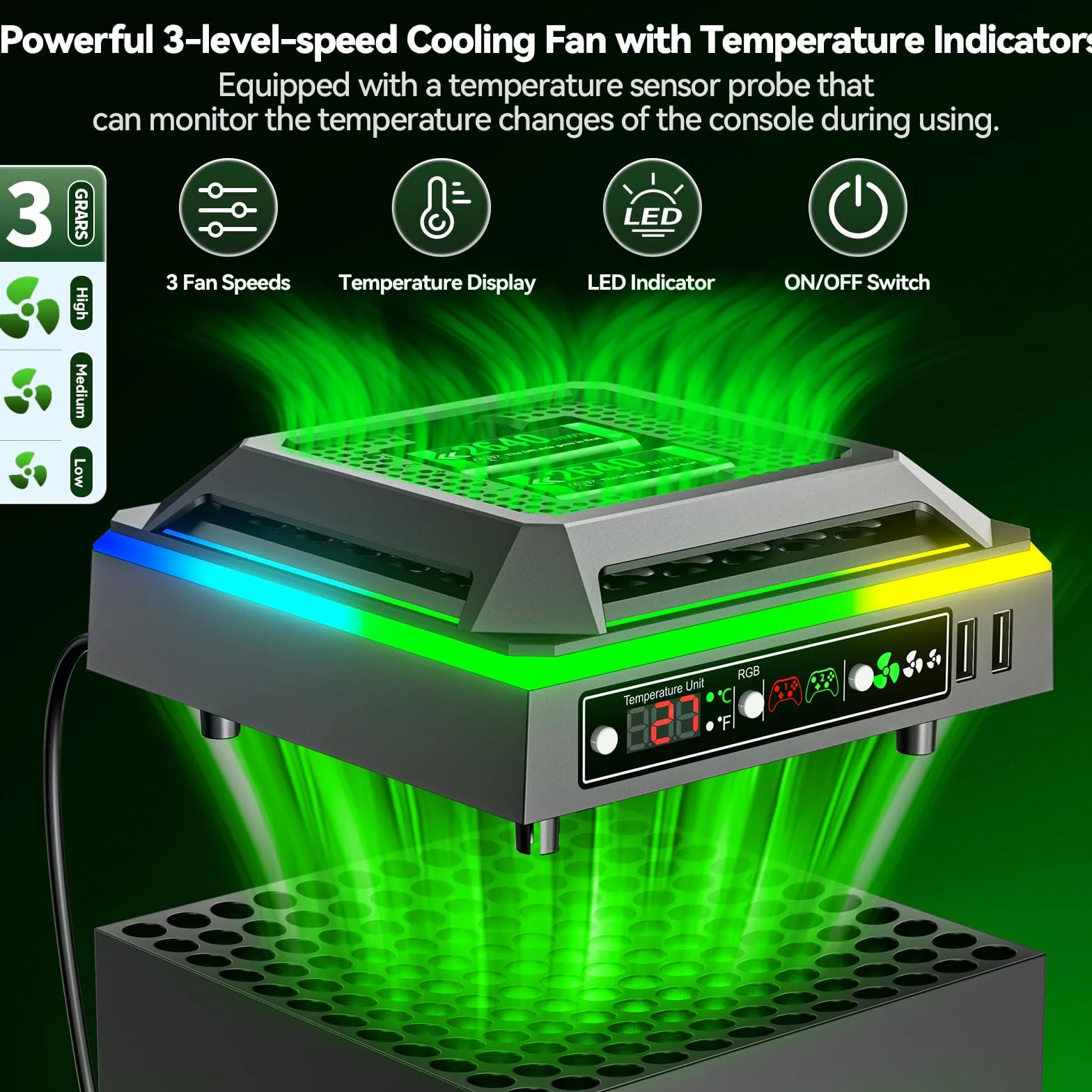 Tokluck Wentylator do konsoli Xbox Series X ze światłem RGB, stacja ładująca z 2 x 2640 mWh Xbox Controller akumulator do Xbox Series/One-X/S/Elite, chłodnica Xbox Series X z 2 portami USB do