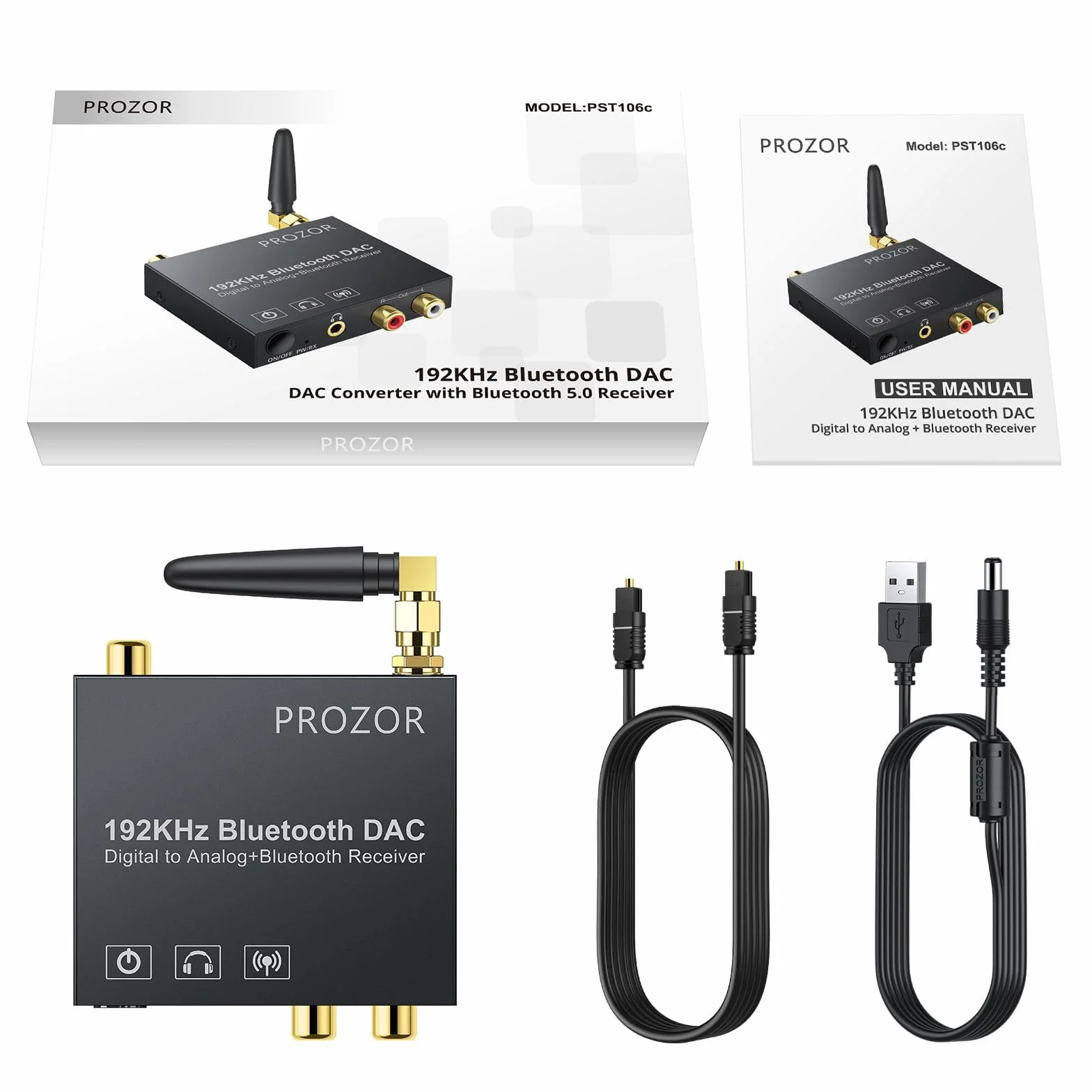 PROZOR 192 kHz cyfrowy na analogowy konwerter audio z odbiornikiem Bluetooth 5.0 przetwornik DAC cyfrowy koncentryczny Toslink na analogowy stereo L/R RCA 3,5 mm adapter audio Toslink optyczny do 3,5 mm