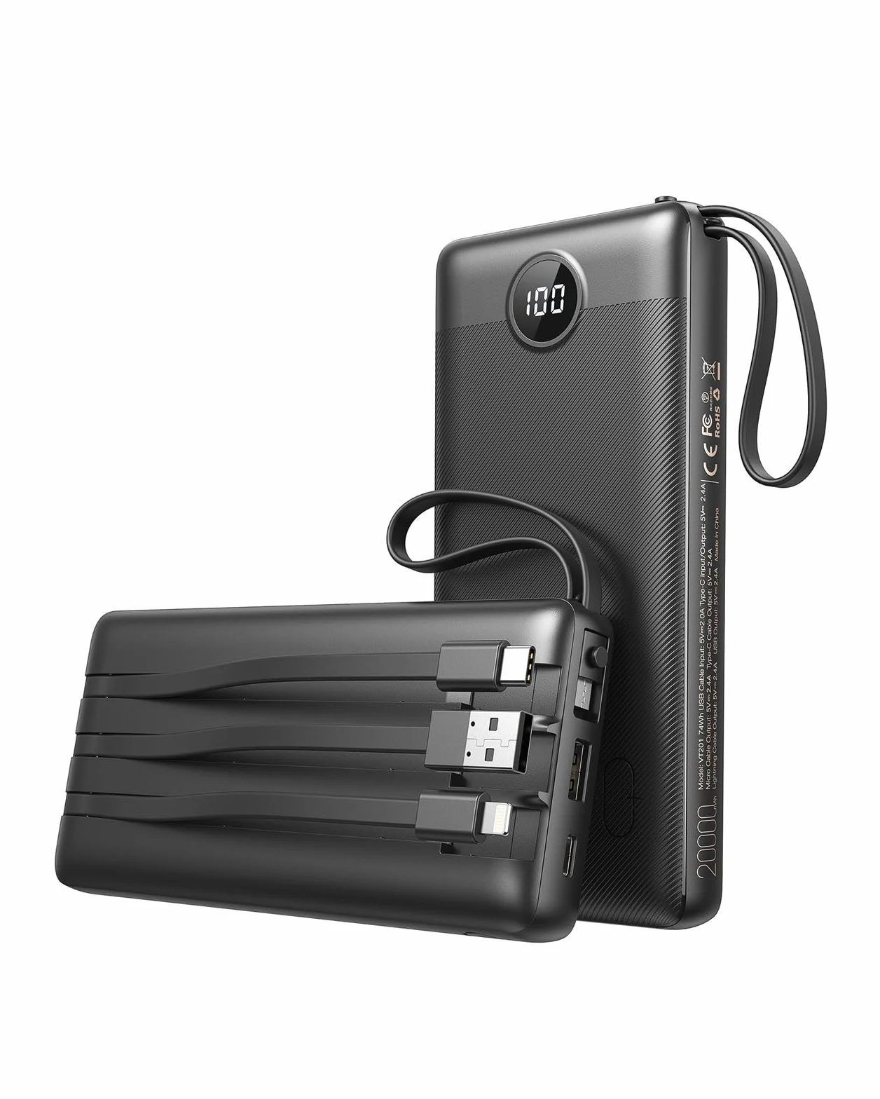 Power Bank 20000mAh z wbudowanymi kablami USB C 2.4A Szybkie ładowanie 5-wyjściowy 2-wejście LED