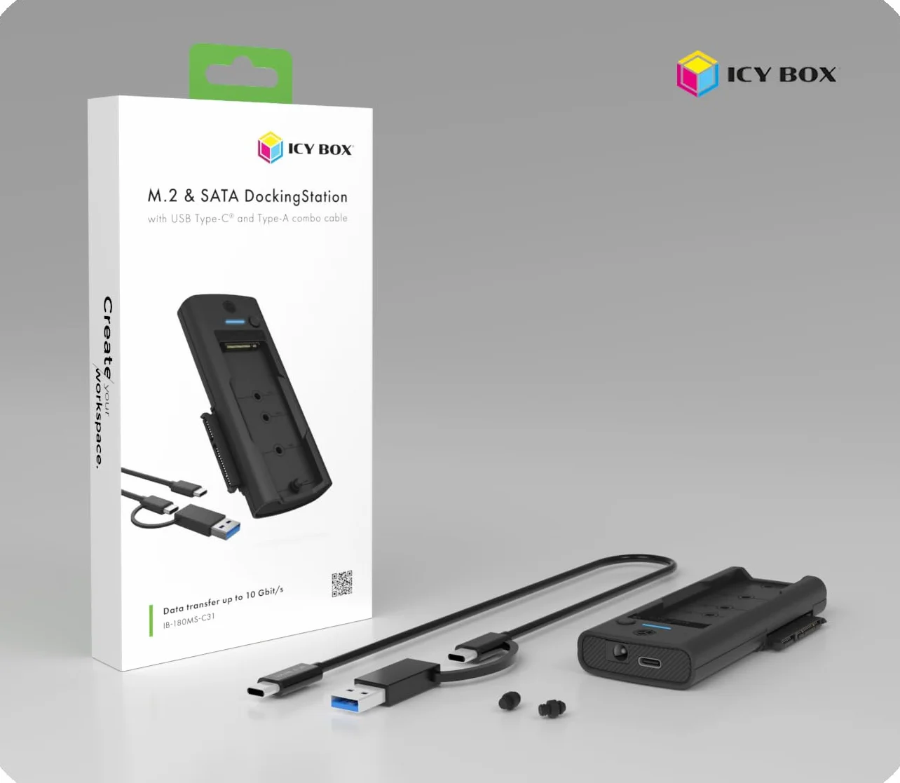 ICY BOX Stacja dokująca M.2 NVMe SATA SSD HDD USB 3.2 Gen 2 10 Gbit/s kabel USB-C USB-A 2,5" 3,5" IB-180MS-C31