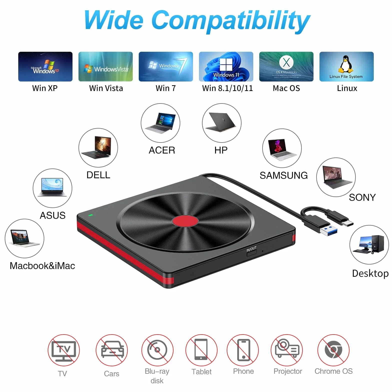 Zewnętrzny napęd DVD, USB 3.0 CD/DVD, zewnętrzny napęd CD USB C, zewnętrzny napęd CD do laptopów, PC, zewnętrzny nagrywarka CD DVD i odtwarzacz do Windows 11/10/8.1/7/XP/Vista, Linux, komputer