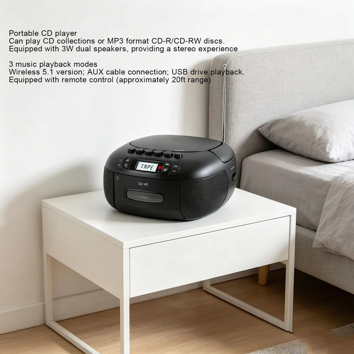 Odtwarzacz Kasetowy CD Boombox, Przenośny Odtwarzacz CD i Zestaw Odtwarzaczy Kasetowych z Bluetooth, Radiem AM FM, Wejściem USB AUX, Pilotem, Wyświetlaczem LCD, Zasilaniem (wtyczka UE)