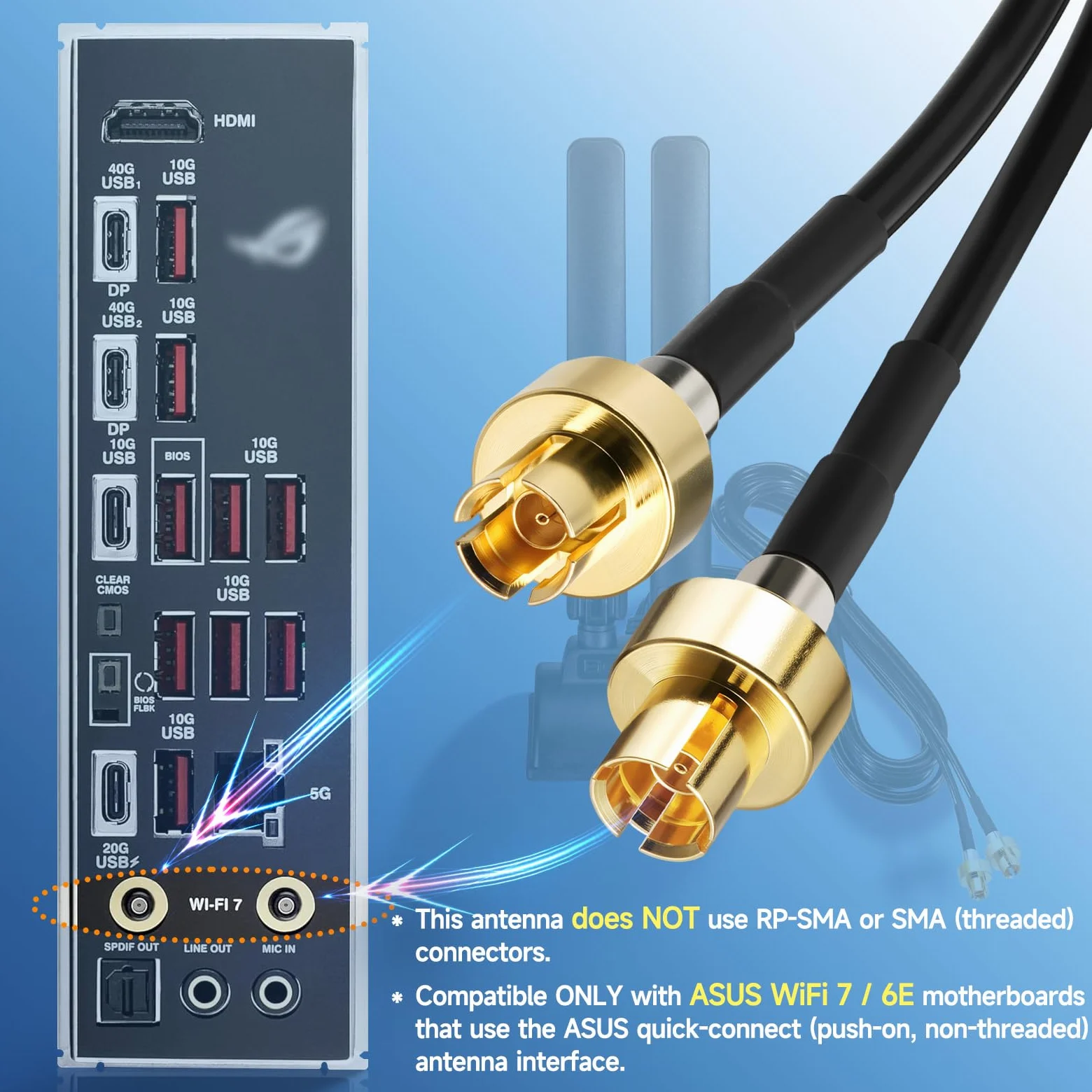 Eightwood Antena WiFi 7 Tri-Band 7dBi do PC Wspiera WiFi 6E/7 (2.4/5/6GHz) Kompatybilna z ASUS ROG Strix X870E-E B850-E ROG Maximus Z890 TUF Gaming B850 Z890 Gaming + Magnetyczna Podstawa z kablem 2m