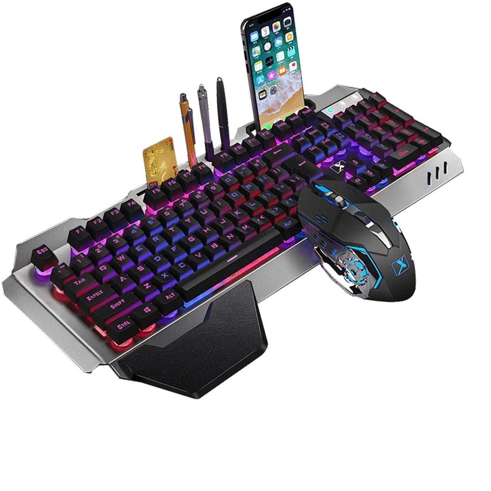 Bezprzewodowa klawiatura i mysz 2,4 G, pojemność 3000 mAh, metalowy panel z podświetleniem LED, wodoodporna, ergonomiczna klawiatura do gier USB Anti-Ghosting + 2400 DPI, 6 przycisków, mysz do gier