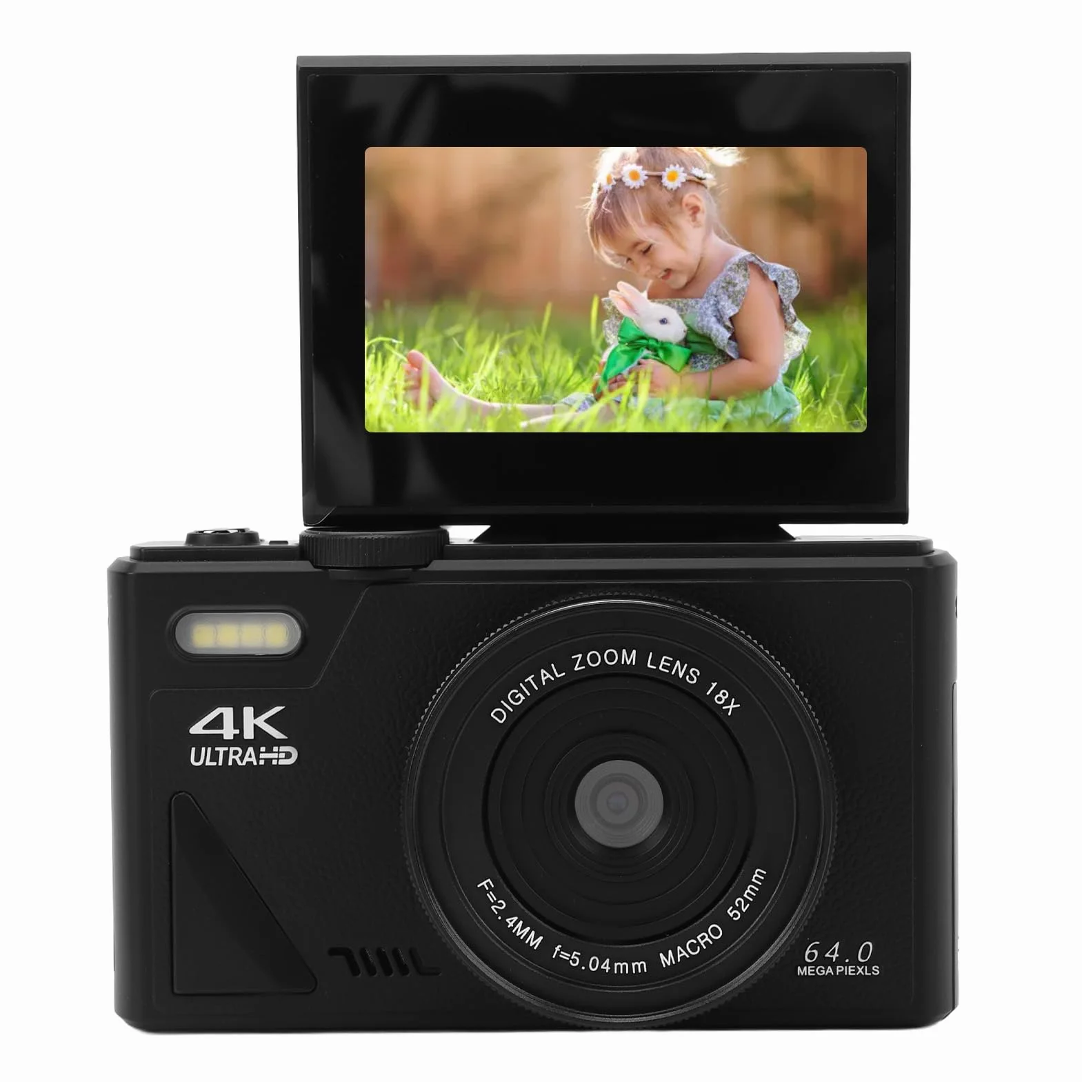 Aparat Cyfrowy, Aparat Cyfrowy 4K 64 MP UHD 180° 3 IPS z Odchylanym Ekranem do Vlogowania, Kompaktowy Aparat Cyfrowy z 18-krotnym Zoomem, Aparat z funkcją Automatycznego