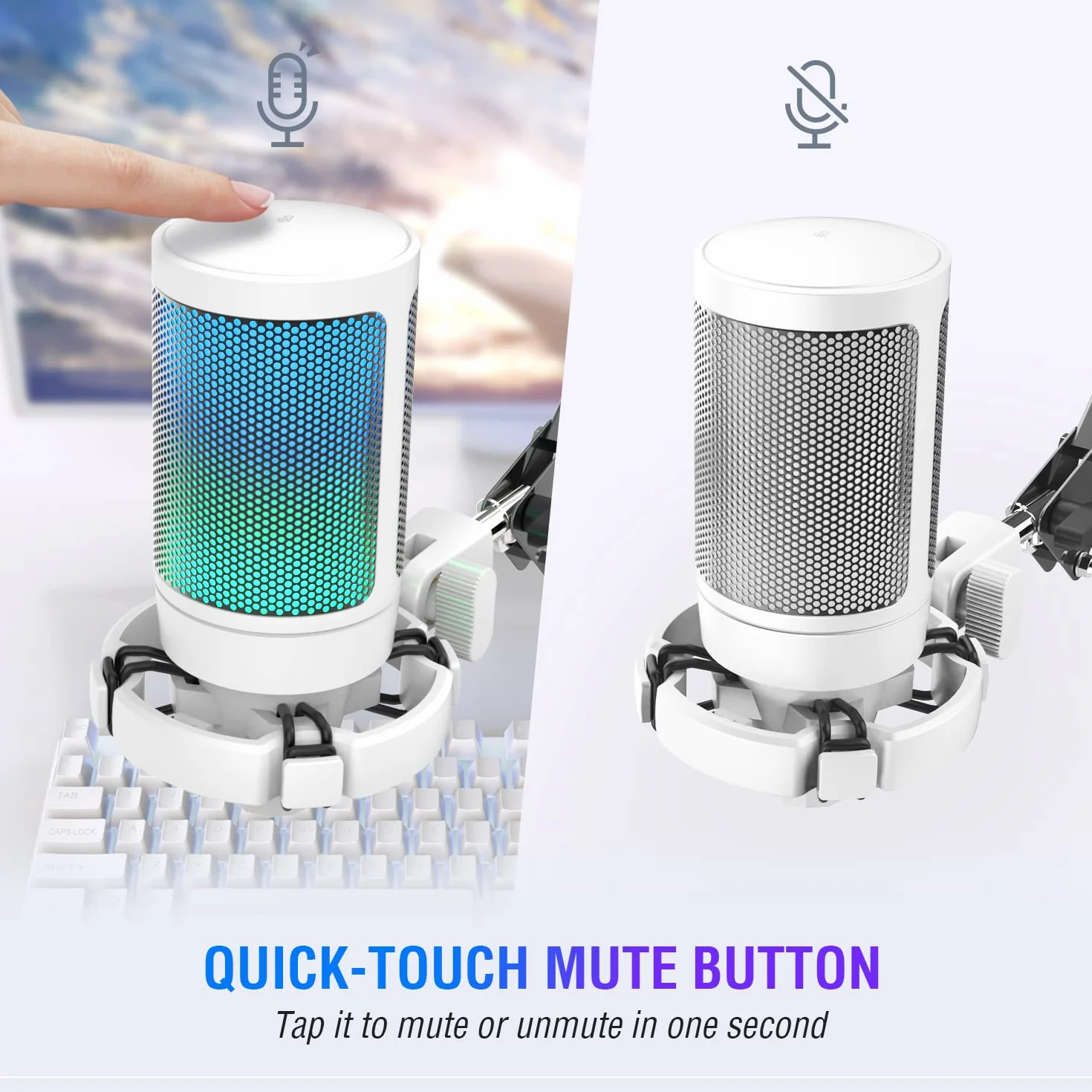 FIFINE Zestaw mikrofonowy dla graczy, USB, mikrofon pojemnościowy RGB, do komputerów stacjonarnych/ PS4/ PS5, z przyciskiem wyciszania, filtrem pop, ramieniem, uchwytem Shock Mount, A6TW