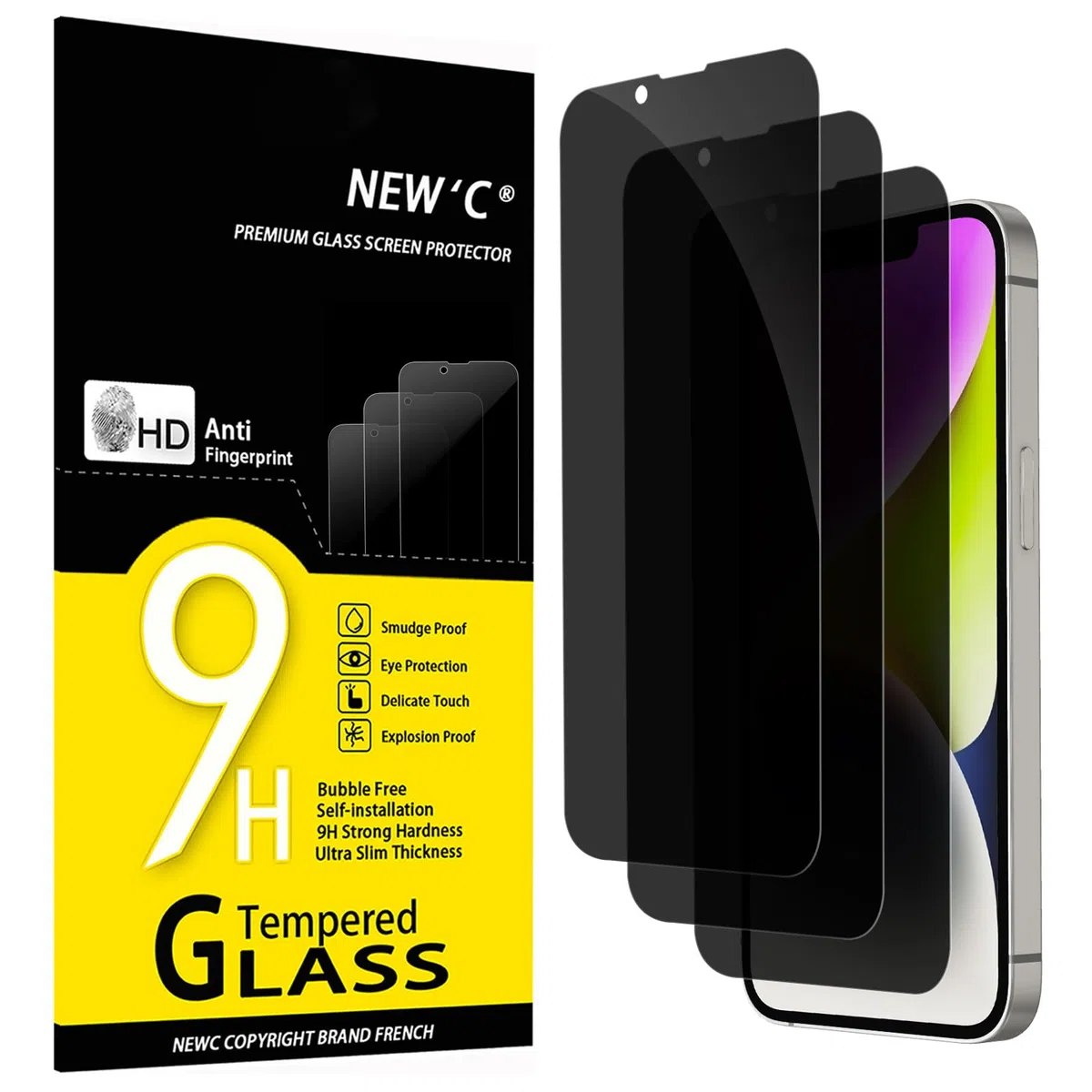 NEW'C 3 Sztuki, Prywatność Ochraniacz Ekranu dla iPhone 16e, iPhone 14, iPhone 13, iPhone 13 Pro (6,1 cala), Udoskonalony Kąt Prywatności 28 Stopni, Ultra Trwała Twardość 9H, Bez Bąbelków