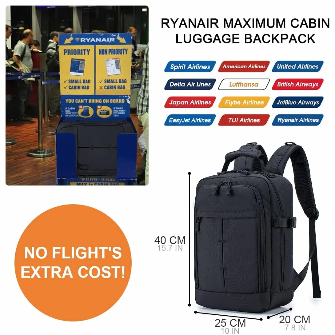 SPAHER Torba kabinowa dla linii Ryanair, 40 x 20 x 25 cm, bagaż podręczny, plecak na laptopa 15,6 cala, zatwierdzony, podróżny, torba na laptopa, torba na ramię, torba lotnicza, USB, 20 l, Czarny