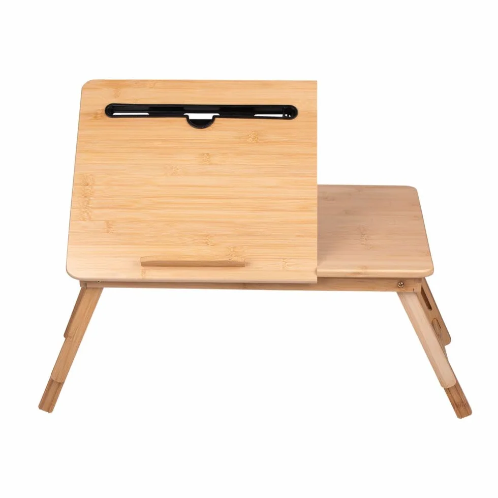 Stolik pod laptopa regulowany – stolik pod laptopa – stojak na laptopa – 21,5 x 27,5 cm – składany stolik – z uchwytem na napoje i miejscem na tablet – drewno bambusowe, brązowy