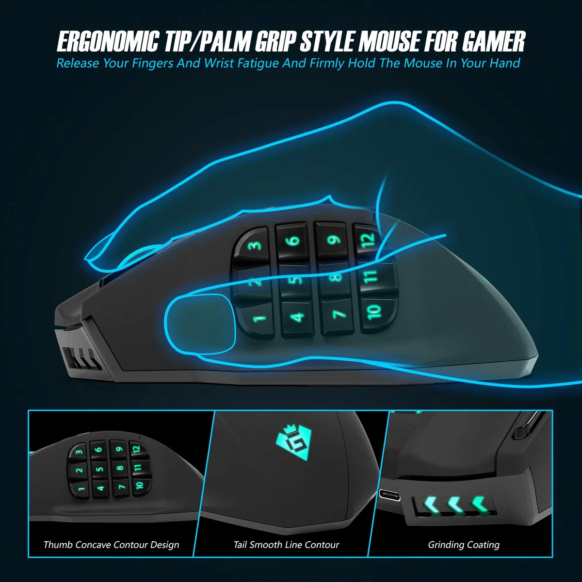 Gamspeed V8 Pro RGB MMO bezprzewodowa mysz do gier, 16 000 DPI, technologia 2,4 GHz, ergonomiczna konstrukcja, uchwyt palmowy, chromowane oświetlenie, 16 przycisków