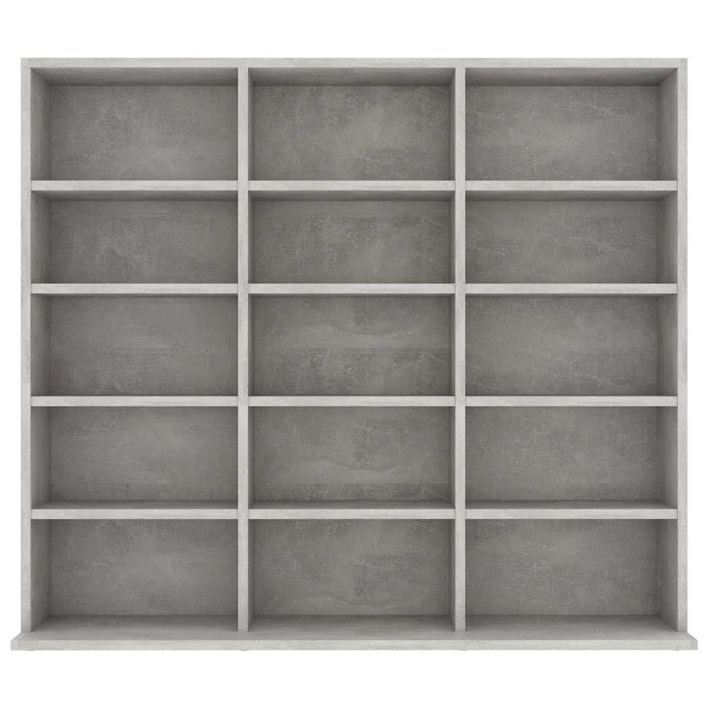 Beton szary regał na płyty CD, 100 x 23 x 89,5 cm, materiał drewnopochodny z 15 otwartymi przegródkami na muzykę, media, telewizor, salon, miejsce do przechowywania, zarządzanie kablami