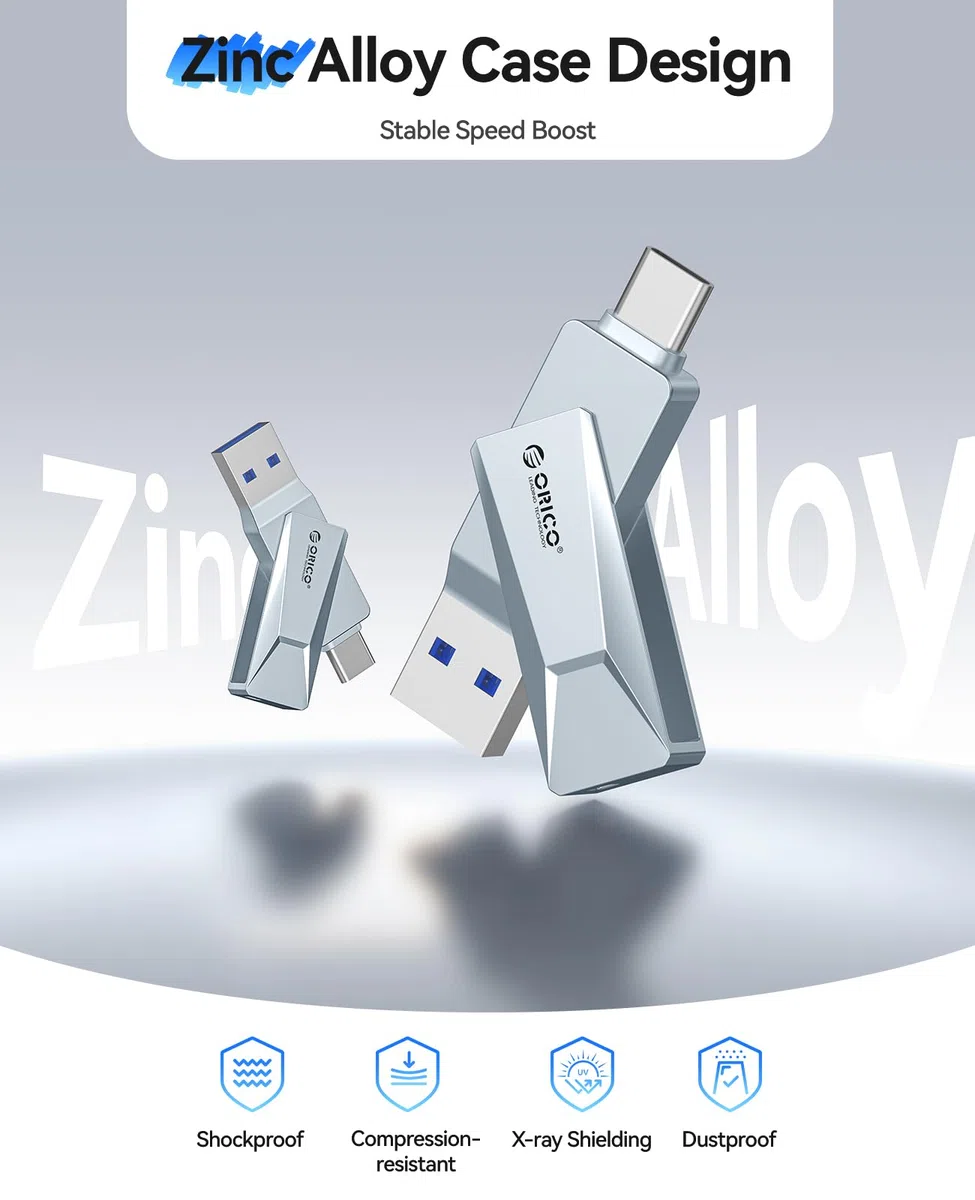 ORICO Pamięć flash USB-C i USB-A 128 GB, 150 MB/S, metalowa obudowa, obrotowa konstrukcja, obsługa funkcji OTG, 2 w 1, pendrive do urządzeń USB C i USB A, CB05 BL