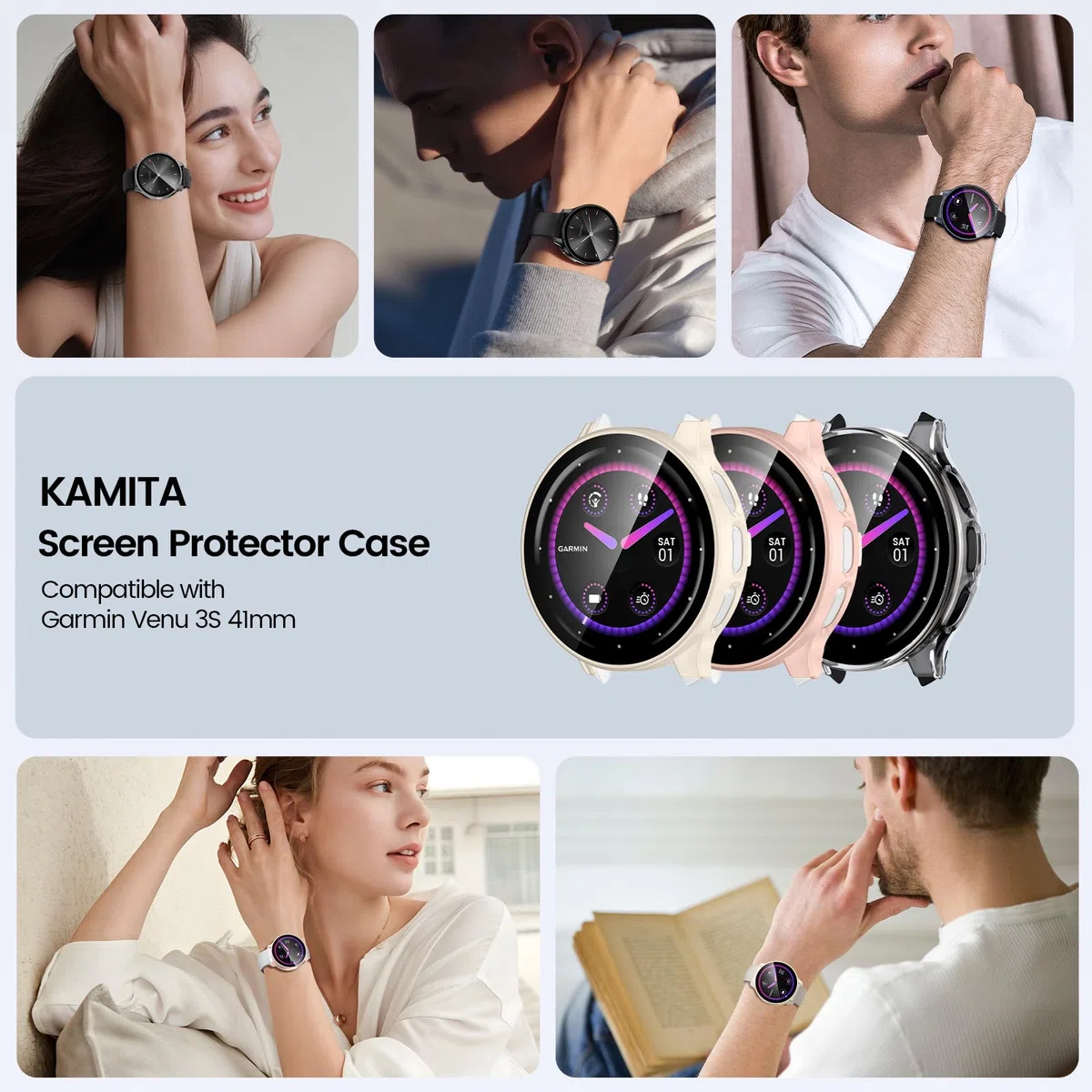 [3Pack] Kamita Etui z ochroną ekranu kompatybilne z Garmin Venu 3S 41mm, odporne na wstrząsy etui PC Bumper z folią ze szkła hartowanego, pełne pokrycie ochronne do Garmin Venu 3S 41 (Przezroczyste+