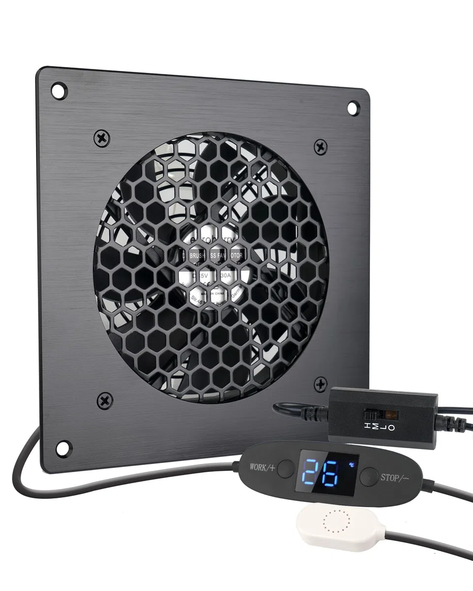Wentylator USB 120 mm, cyfrowy wyświetlacz sterowany temperaturą, cichy system wentylatora, wentylator 5 V z nowoczesną, szczotkowaną czarną ramą aluminiową do szafek kina domowego AV