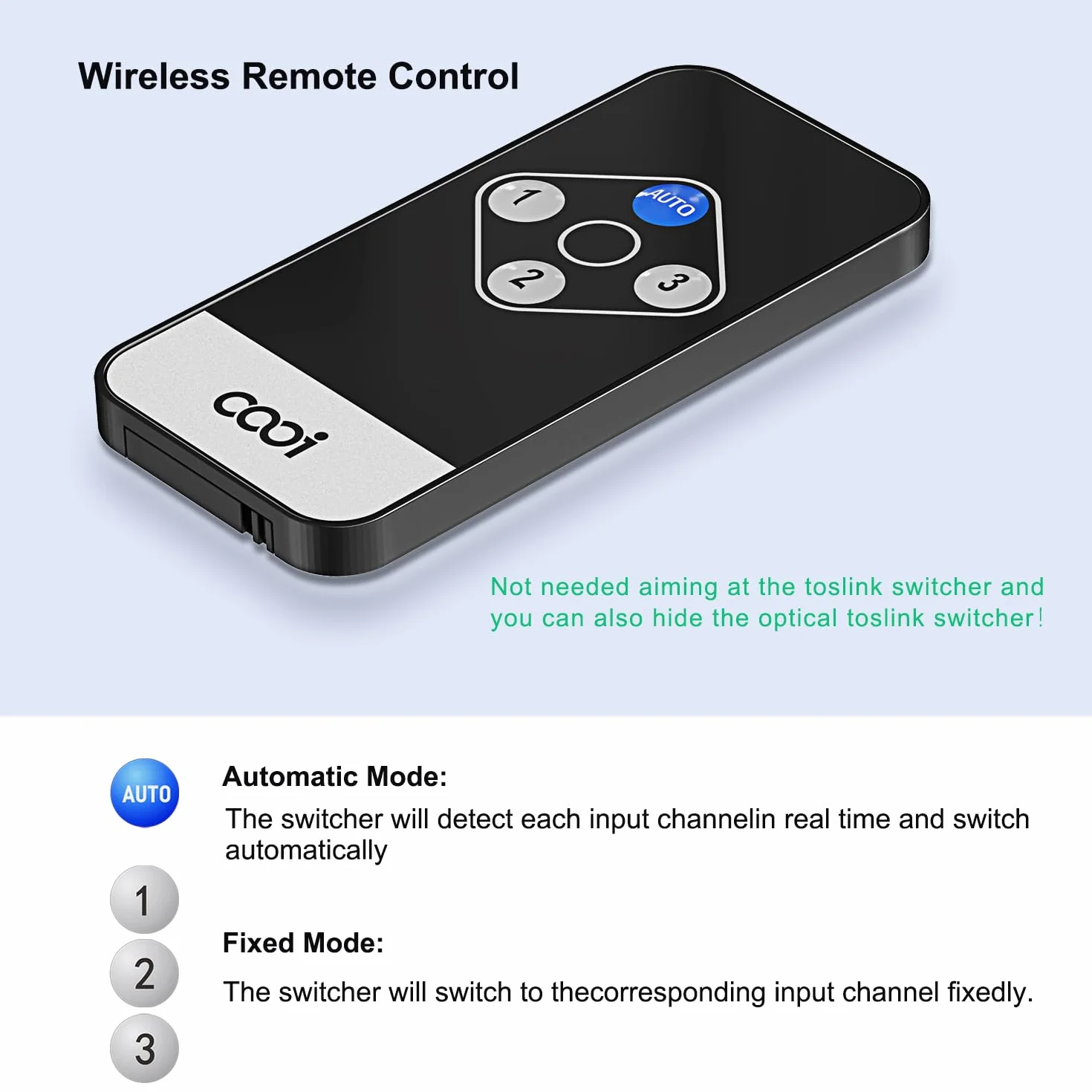 COOIDEA Ulepszony automatyczny przełącznik SPDIF Toslink cyfrowy przełącznik optyczny 3x1 z bezprzewodowym pilotem obsługuje 192k/24Bit PCM2.0 DTS Dolby-AC3 kompatybilny z telewizorem, Xboxem