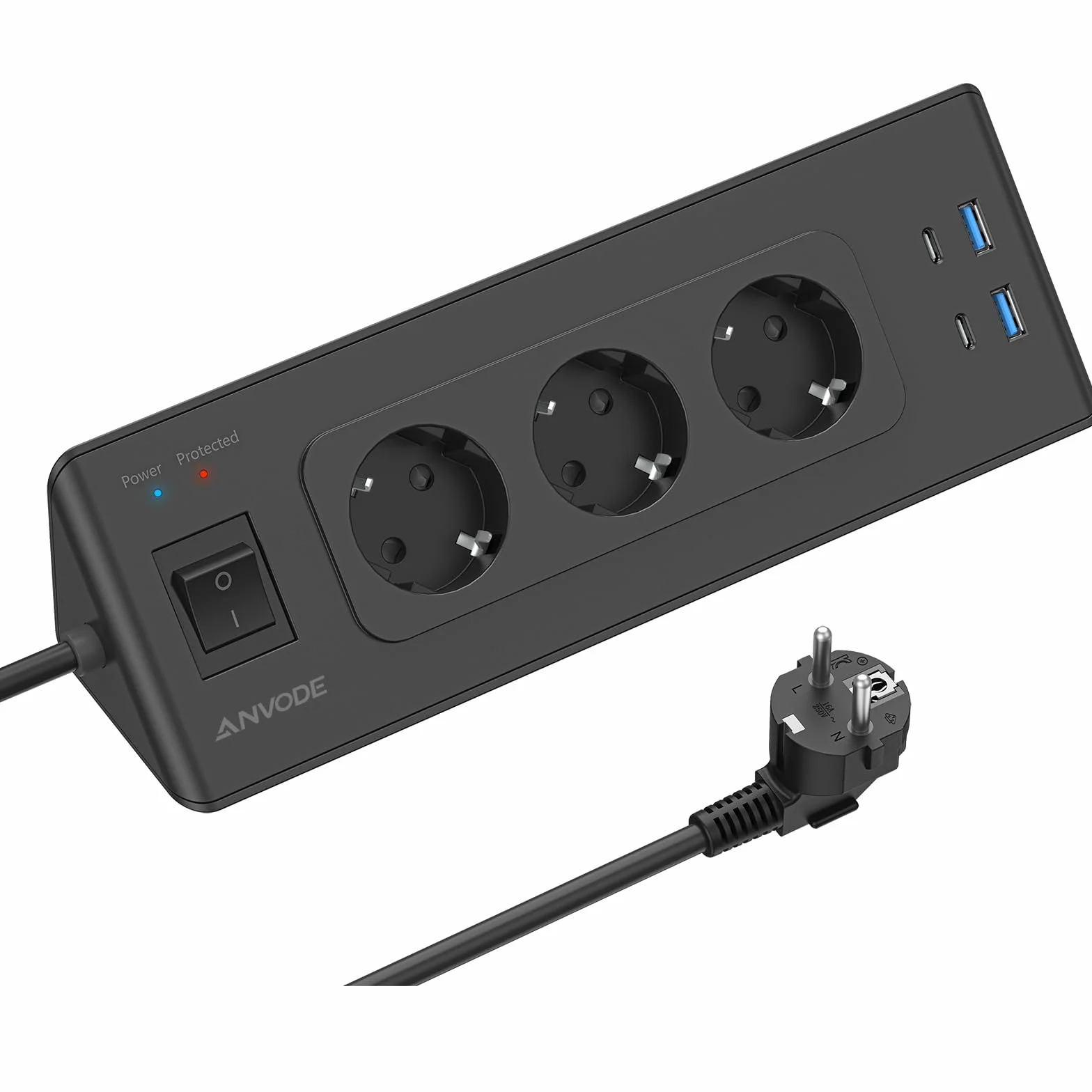 Narożne gniazdo wtykowe z USB i 2 Type-C, 3-gniazdowa narożna listwa zasilająca z przełącznikiem, wielogniazdowa listwa zasilająca z ochroną przed przeciążeniem do kuchni, kabel 2M