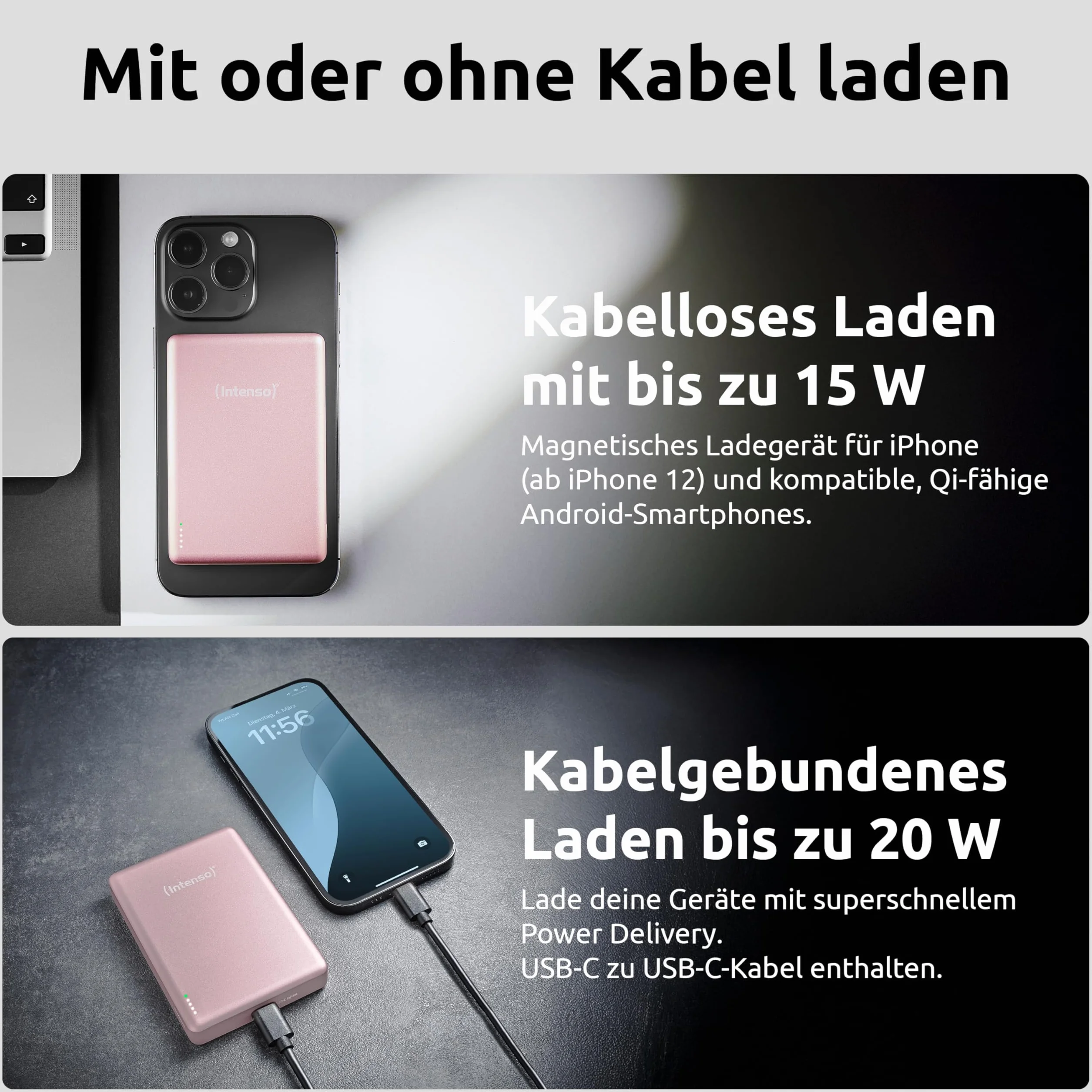 Intenso MW10000 magnetyczny powerbank 10 000 mAh – kompatybilny z MagSafe, bezprzewodowe ładowanie 15 W, USB-C PD 20 W, do iPhone i Android – sprawdzony w Niemczech – różowy