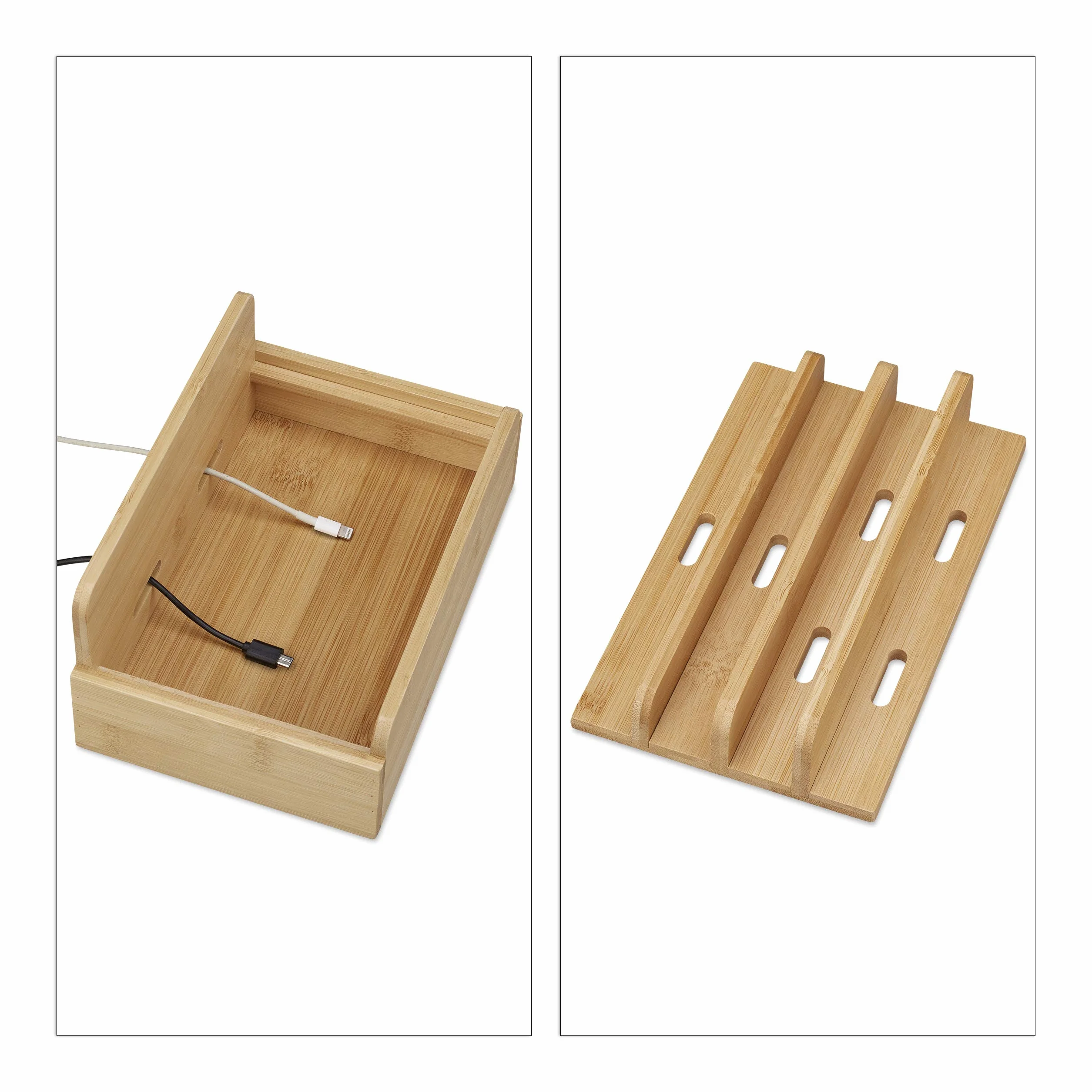 Relaxdays Bambusowa stacja ładująca, do wielu urządzeń, tabletów i smartfonów, organizer do skrzynki kablowej, wys. x szer. x gł.: 10 x 22,5 x 15, kolor naturalny