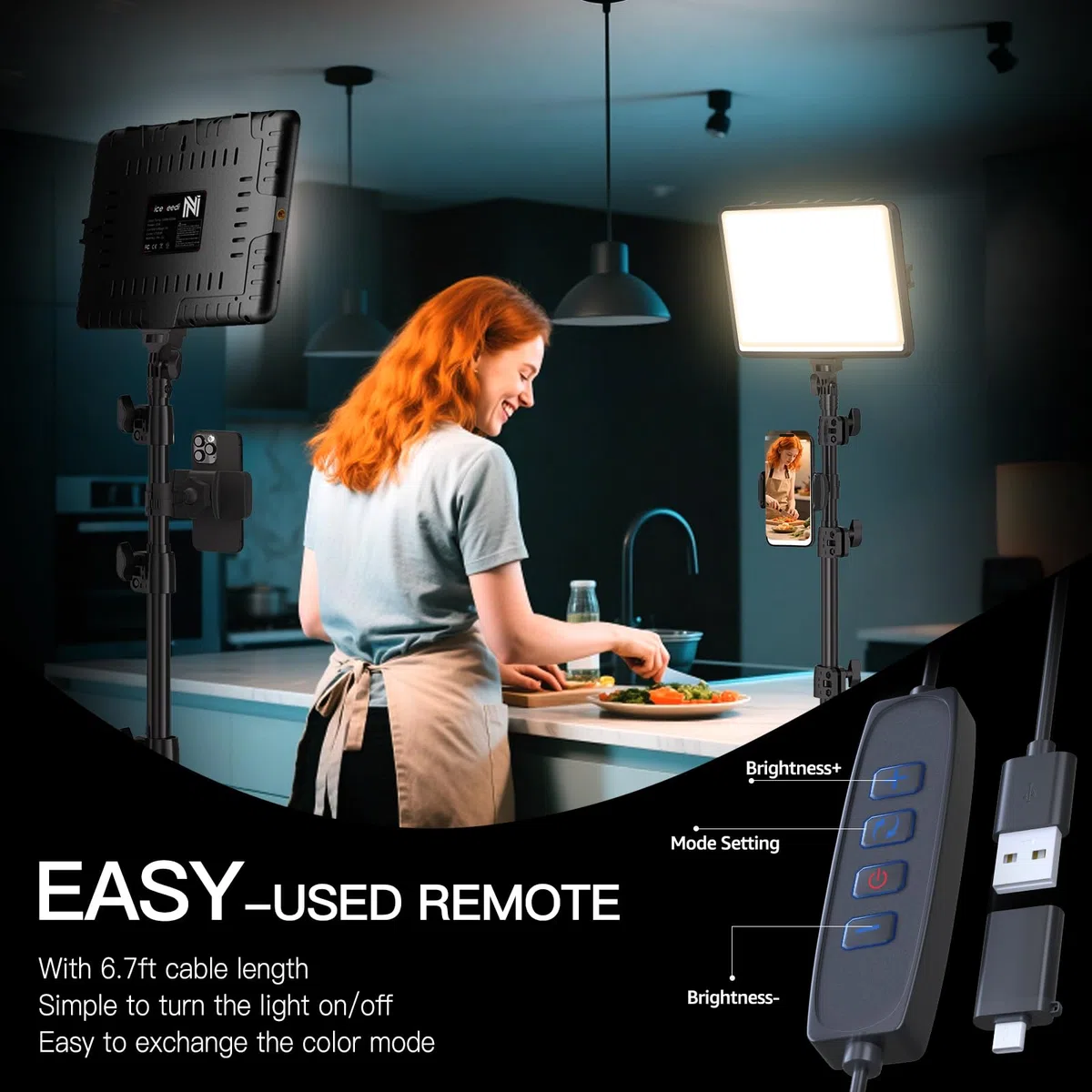 Zestaw 2 lamp wideo LED, NiceVeedi Studio Light, 2800-6500 K, ściemniany zestaw oświetlenia fotograficznego, ze statywem i uchwytem na telefon, strumień świetlny 185.4 cm do nagrywania wideo