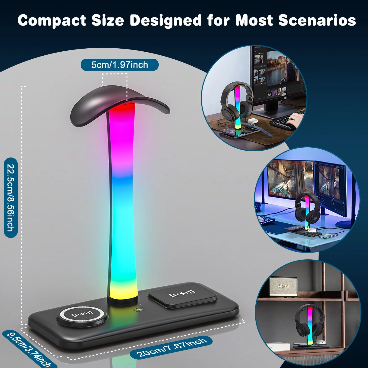 Stojak 3 w 1 RGB Uchwyt na Słuchawki Gamingowe z Ładowarką 15 W i 9 Trybami Świecenia
