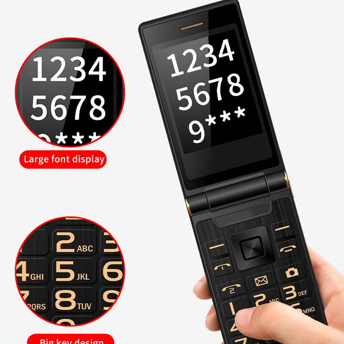 Starszy Telefon z Klapką, Odblokowany Telefon Komórkowy 3G SOS z Dużymi Przyciskami GSM Telefon z Klapką 2.8 Cala LCD i Wystające Przyciski Telefon Komórkowy Jednoprzyciskowe Wybieranie(Złoto)