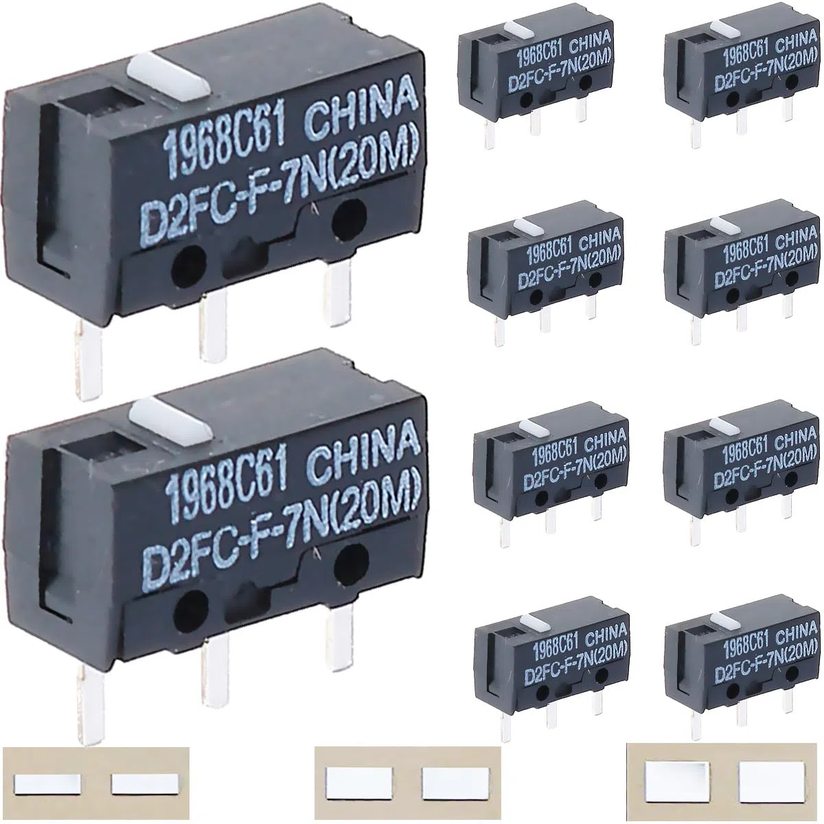 D2FC-F-7N (20 m) moduł Micro Switch D2FC-F-7N przełącznik z wyraźnym kliknięciem z przyciskiem mysz po naprawie, metalowe naklejki do myszy Logitech, Razer, Apple, 10 sztuk