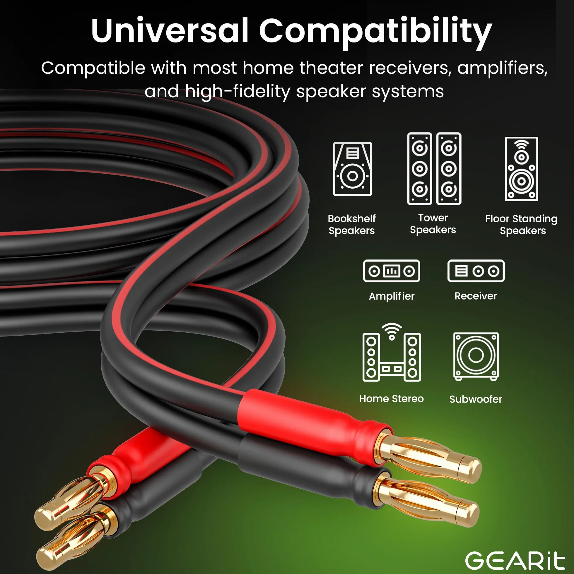 GearIT Kabel głośnikowy 14 AWG z wtyczkami bananowymi do Bi-Wire HiFi