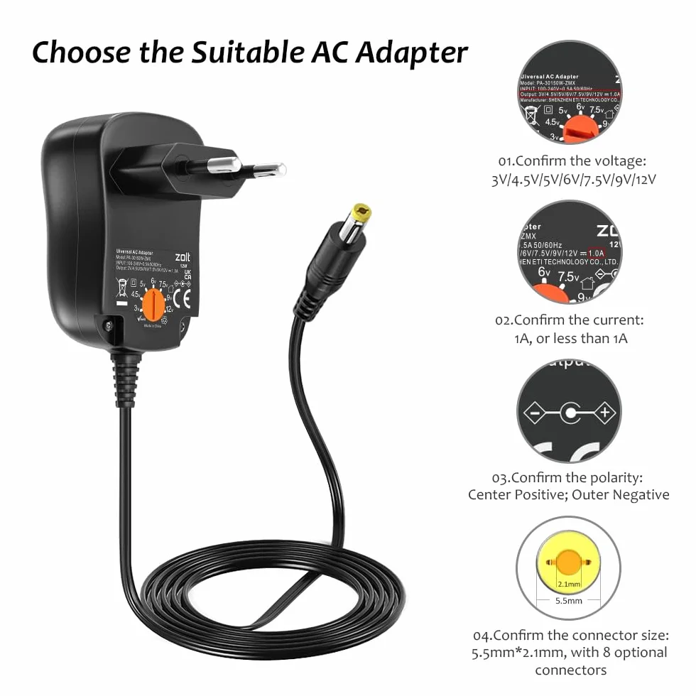 Zolt Zasilacz impulsowy 12 W AC na DC, 3 V, 4,5 V, 5 V, 6 V, 7,5 V, 9 V, 12 V, 1 A, uniwersalny zasilacz z 8 wtyczkami DC do głośnika, aparatu, lampy, tabletu i innych urządzeń elektronicznych