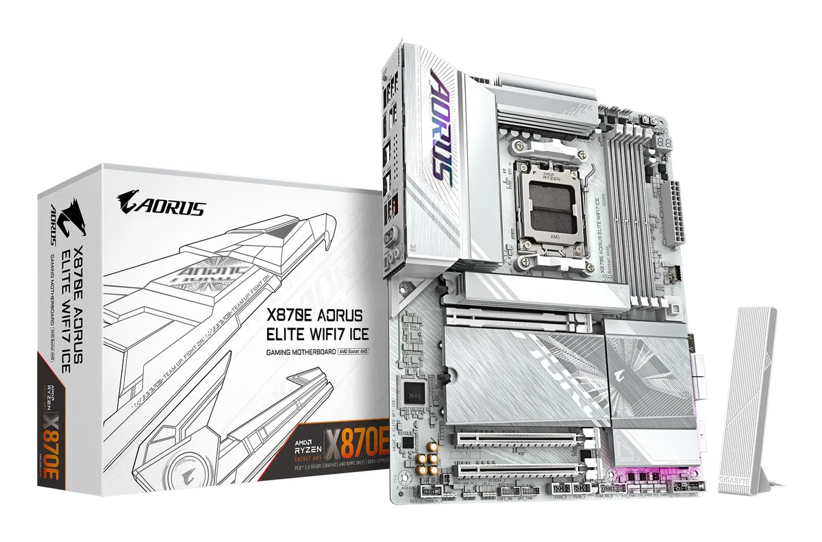 GIGABYTE Płyta główna X870E AORUS ELITE WIFI7 ICE - obsługuje procesory AMD Ryzen 9000, 16+2+2 fazy cyfrowe VRM, do 8200 Hz DDR5 (OC), 3xPCIe 5.0 + 1 x PCIe 4.0, Wi-Fi 7, 2.5 GbE LAN, USB 4