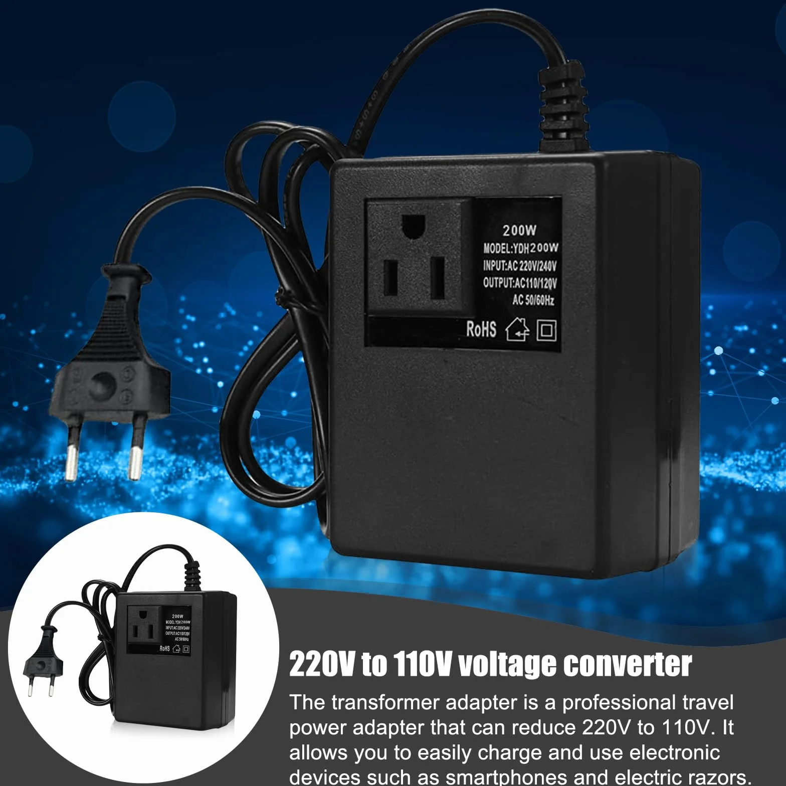 Transformator napięcia 220 V na 110 V, 200 W adapter sieciowy krok w dół, konwerter prądu, adapter podróżny, wtyczka EU